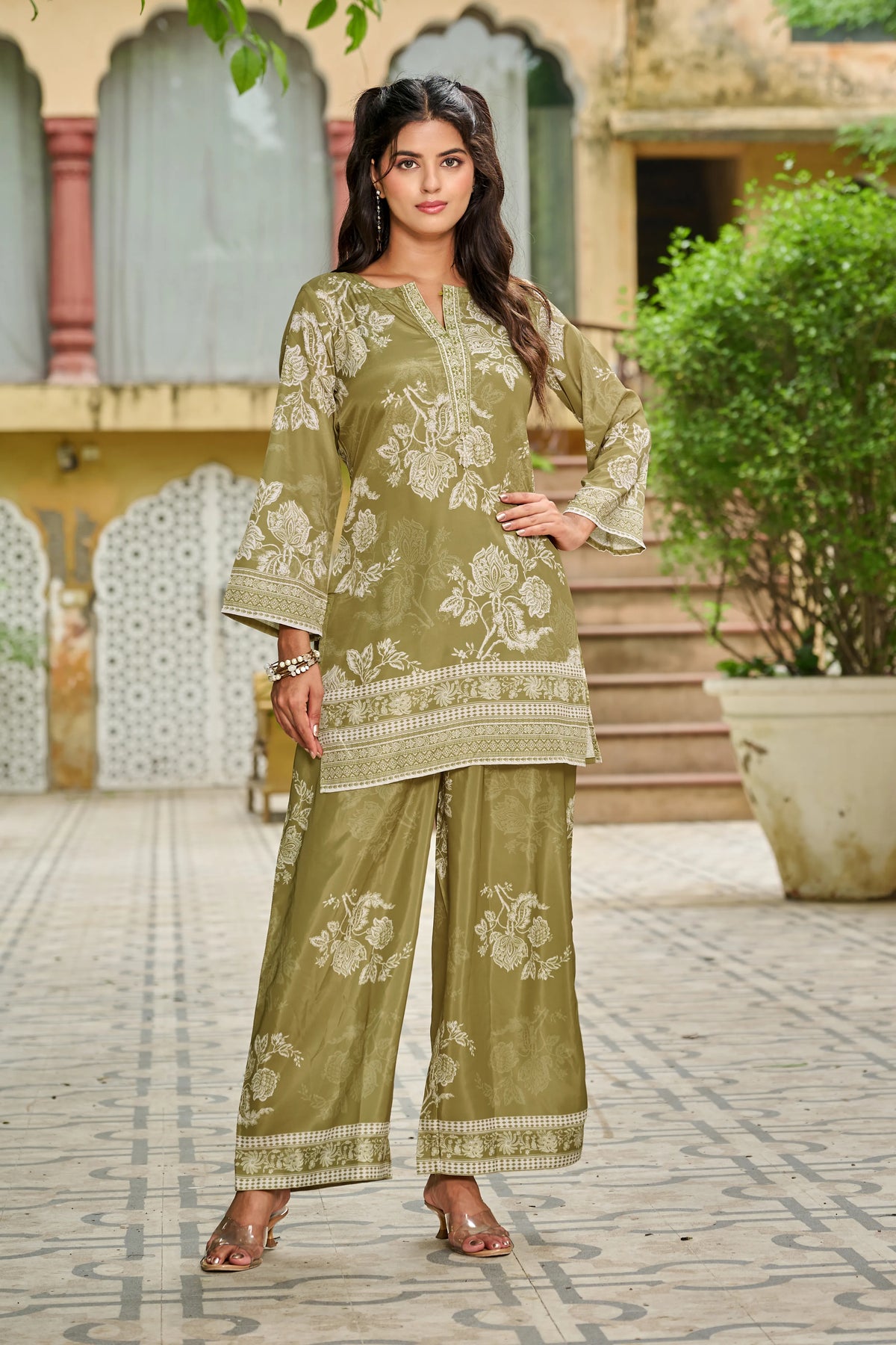Olive Floral Print Crepe Co-ord Set
