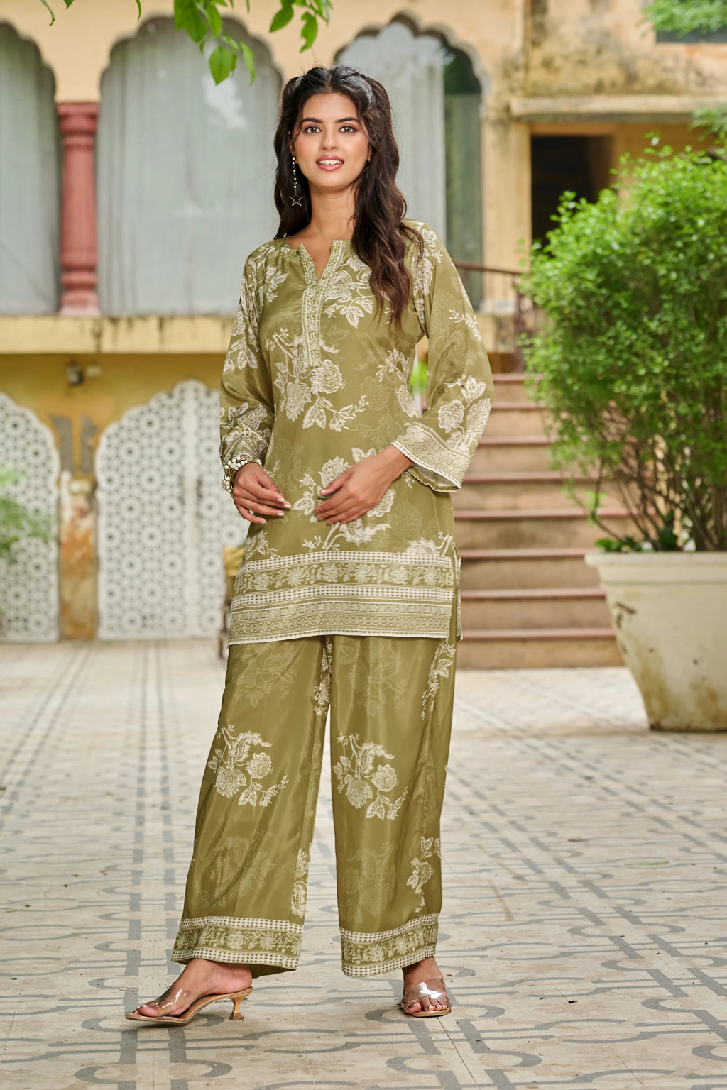 Olive Floral Print Crepe Co-ord Set