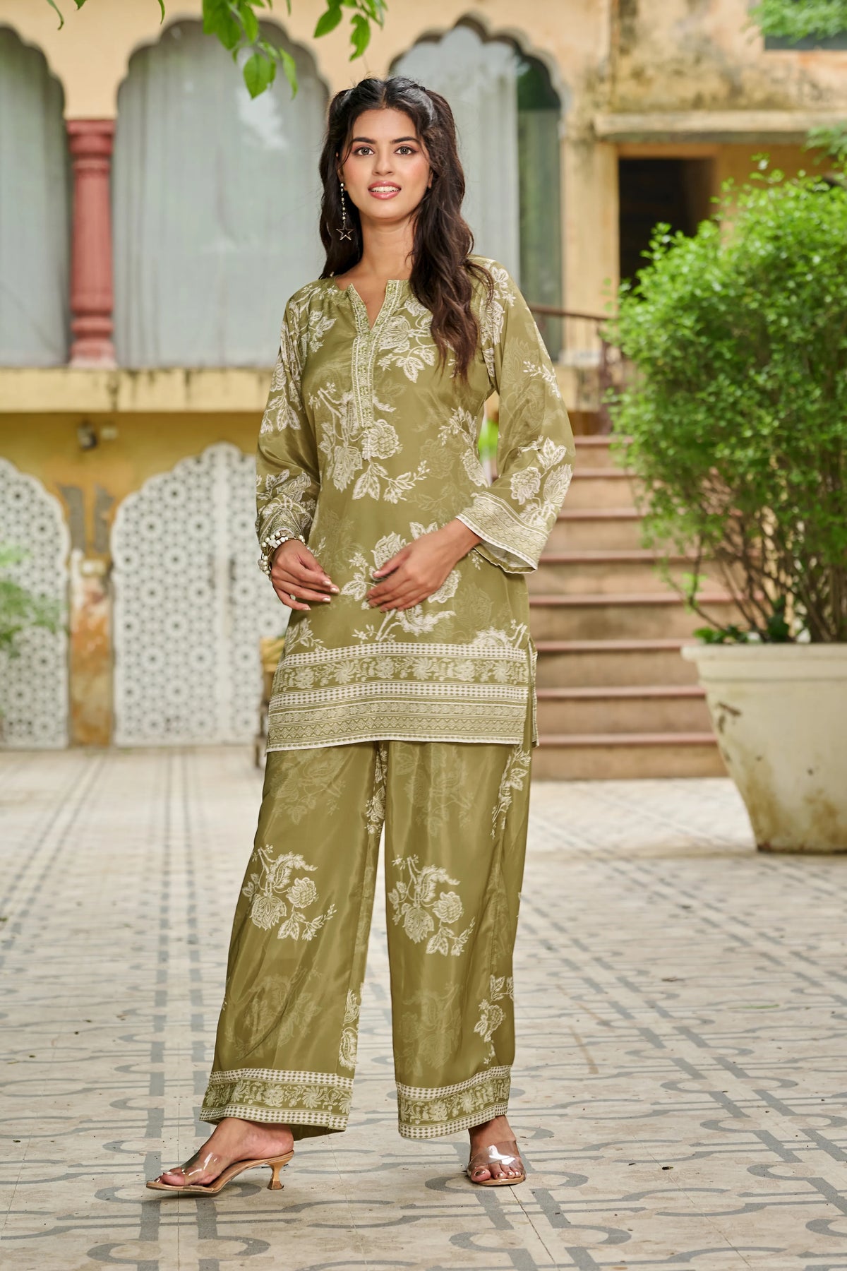 Olive Floral Print Crepe Co-ord Set