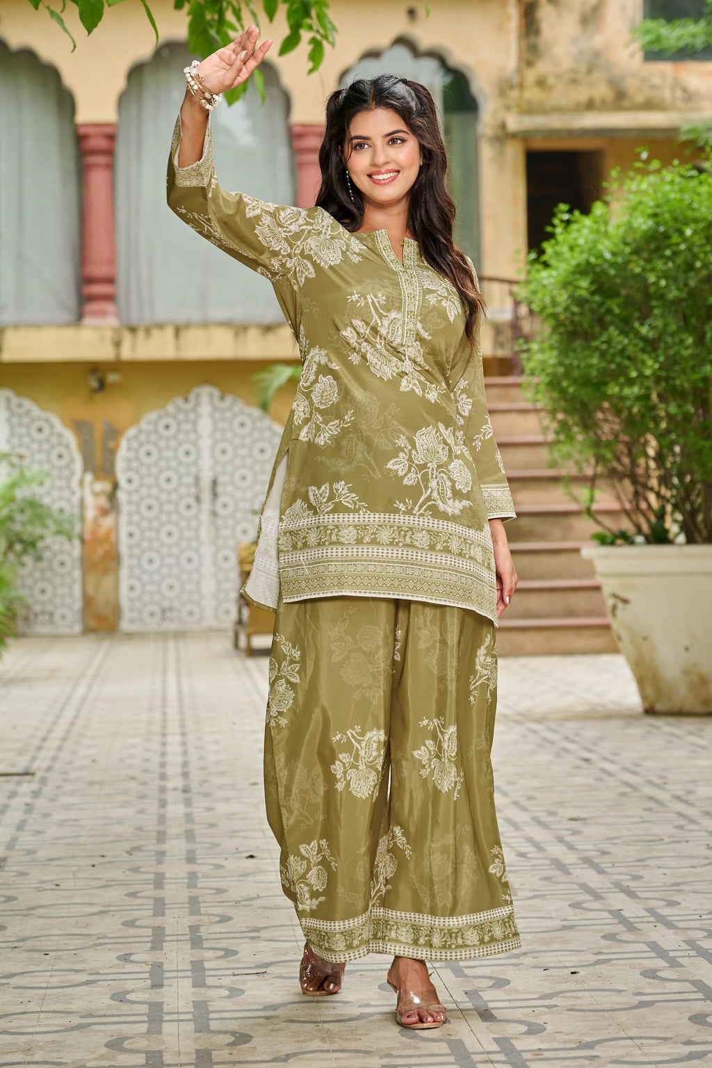 Olive Floral Print Crepe Co-ord Set