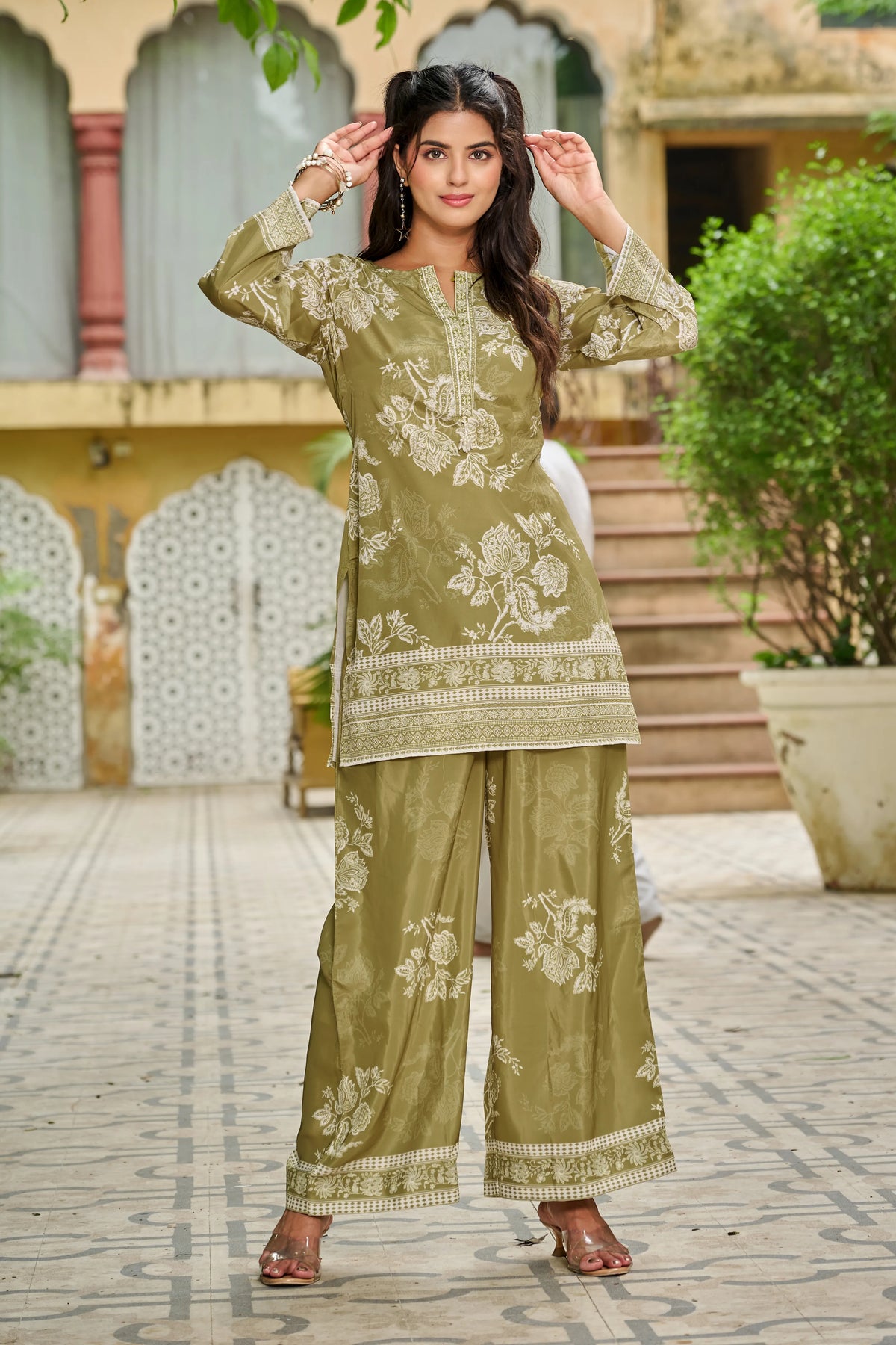 Olive Floral Print Crepe Co-ord Set