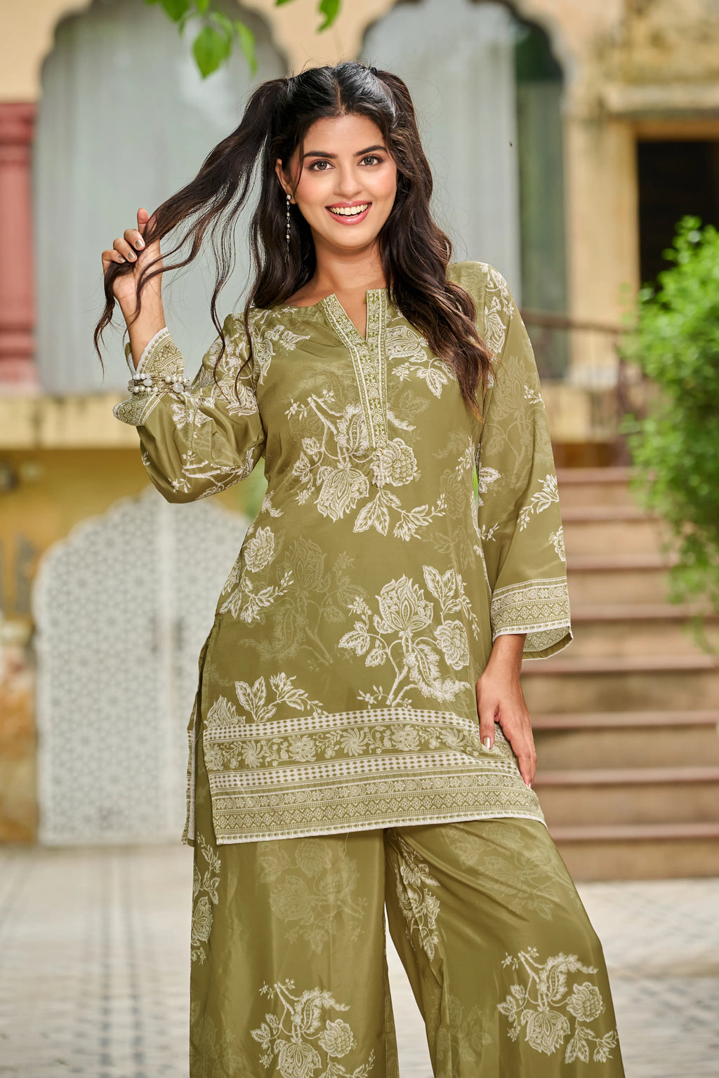 Olive Floral Print Crepe Co-ord Set