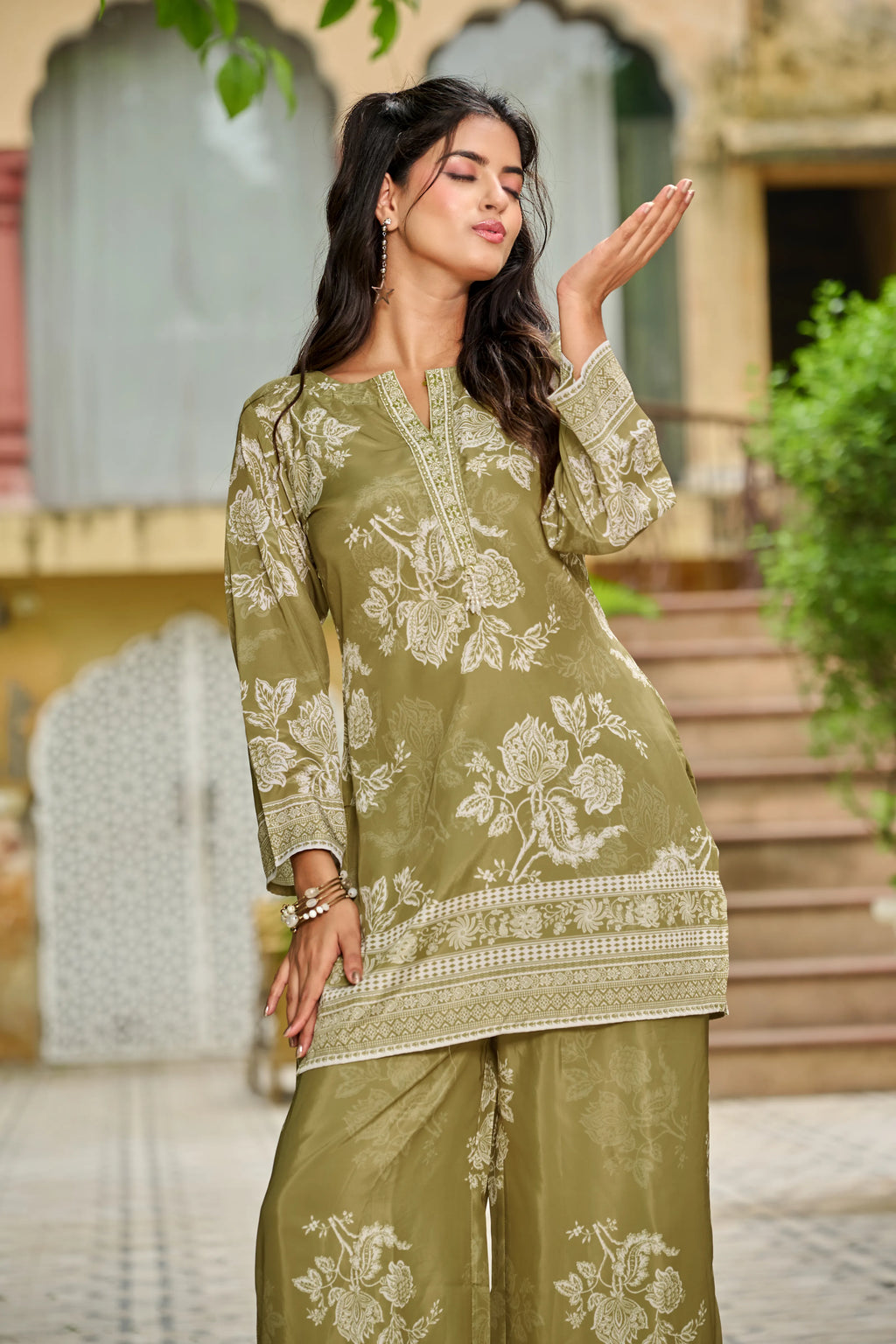 Olive Floral Print Crepe Co-ord Set