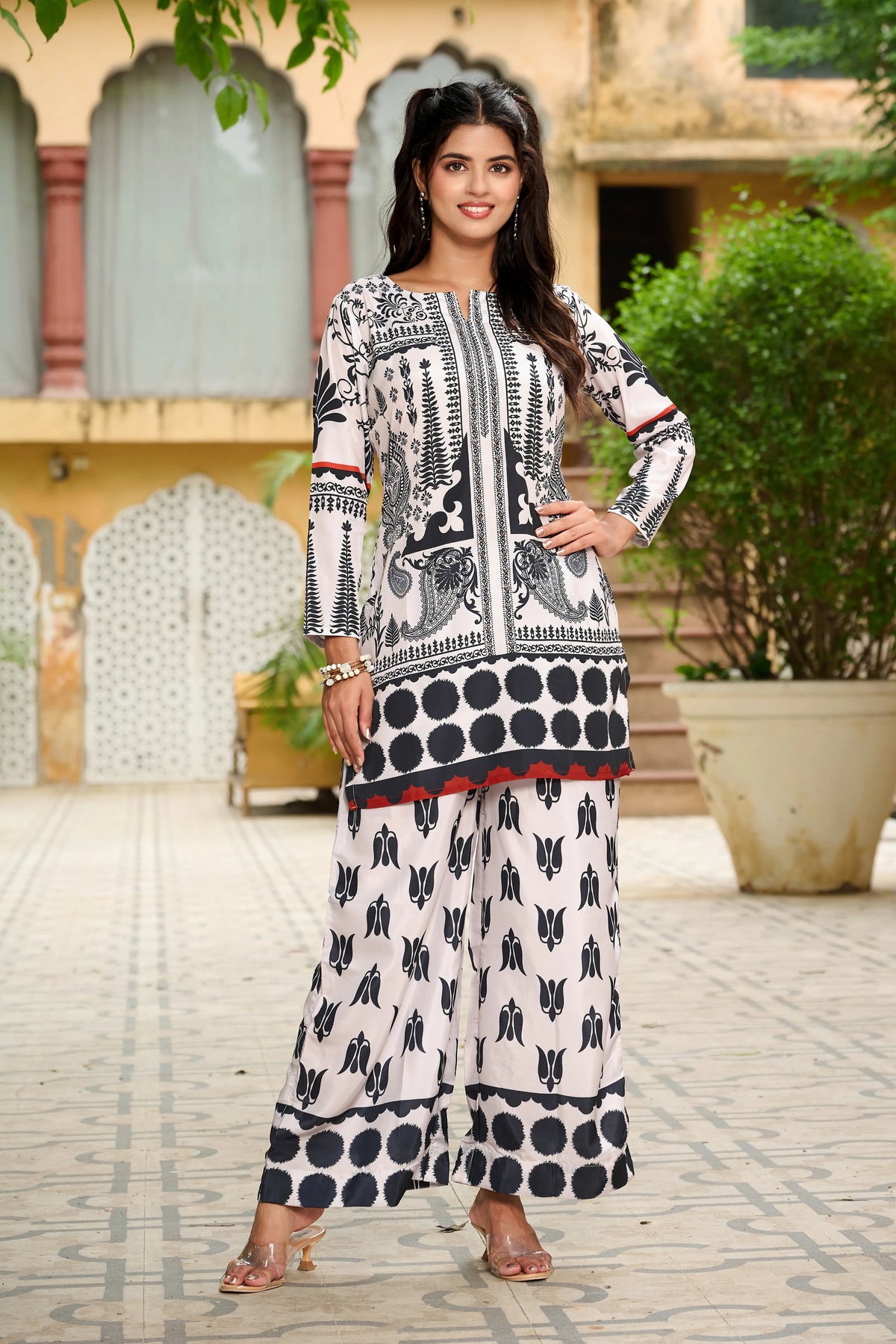 Grey Ethnic Motif Printed Crepe Co-ord Set