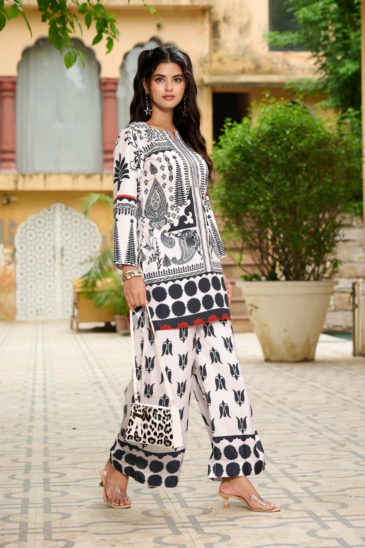 Grey Ethnic Motif Printed Crepe Co-ord Set