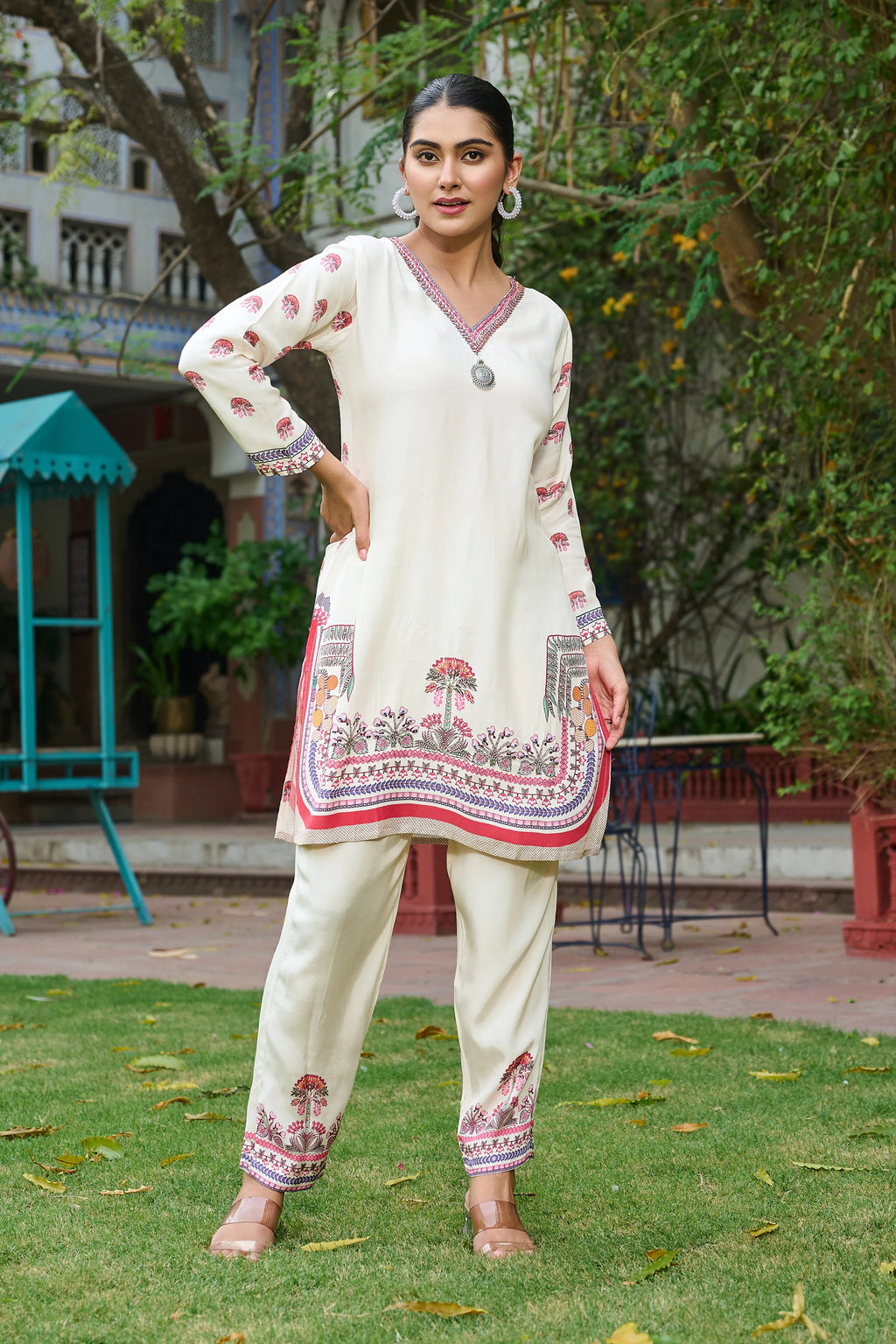 Cream Botanical Embroidered Co-ord Set