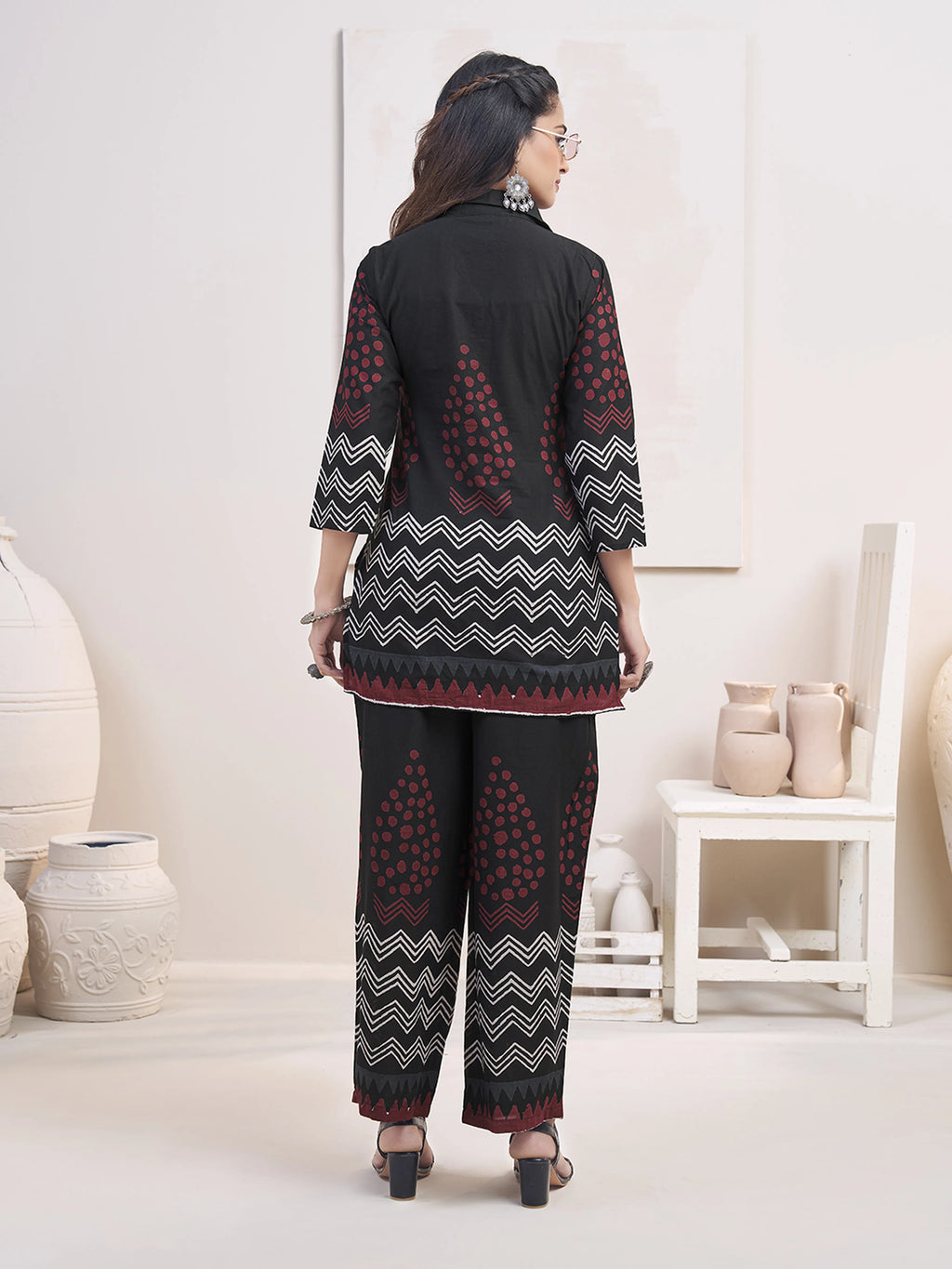 Black Zigzag & Red Dot Printed Co-ord Set in Cotton