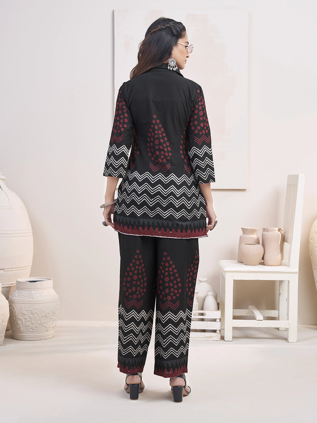 Black Zigzag & Red Dot Printed Co-ord Set in Cotton