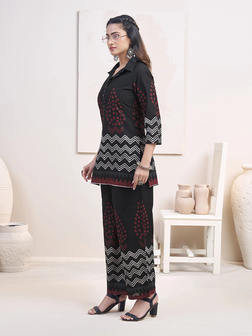 Black Zigzag & Red Dot Printed Co-ord Set in Cotton