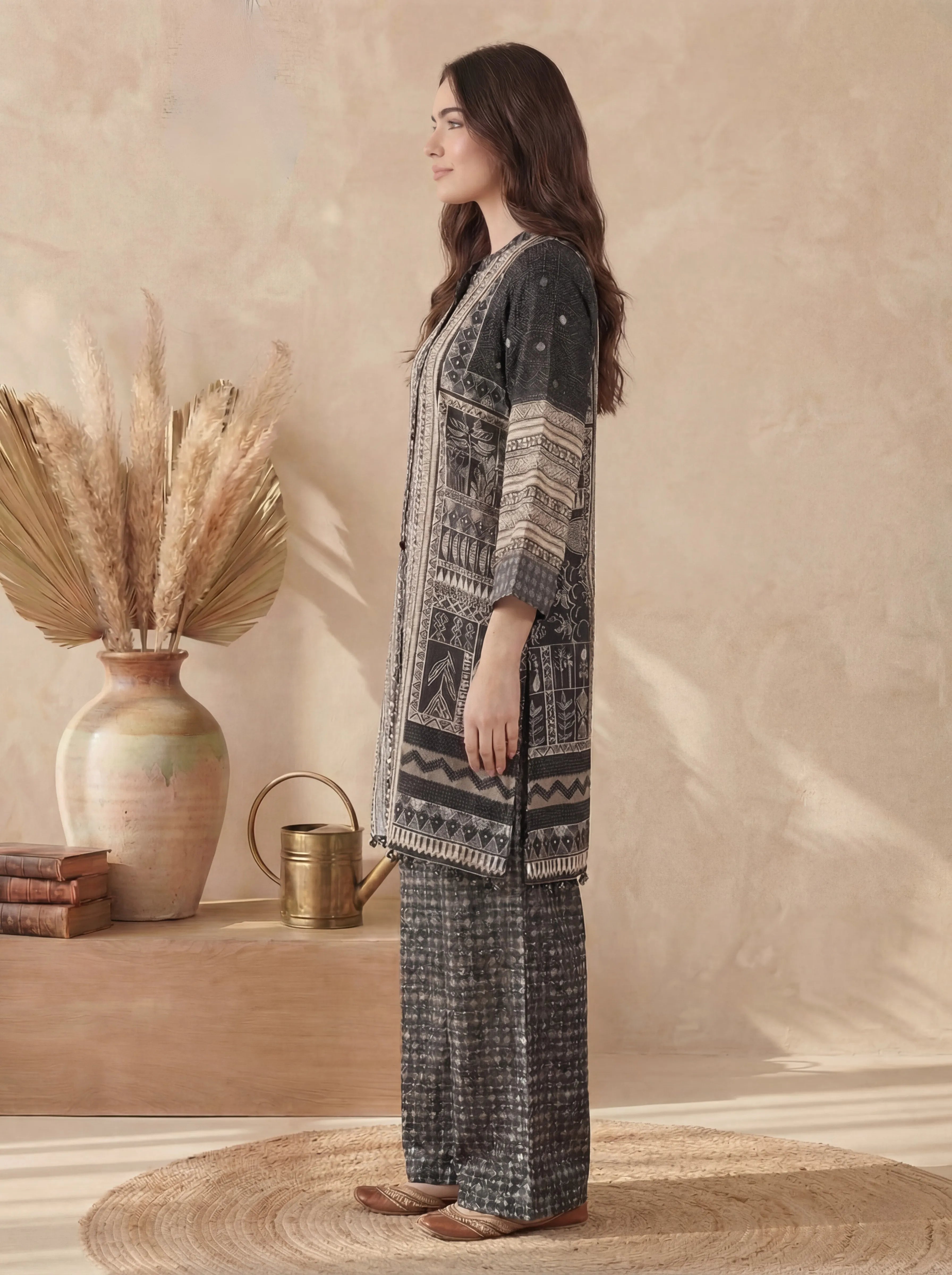 Black & Beige Folk Print Viscose Silk Co-Ord Set