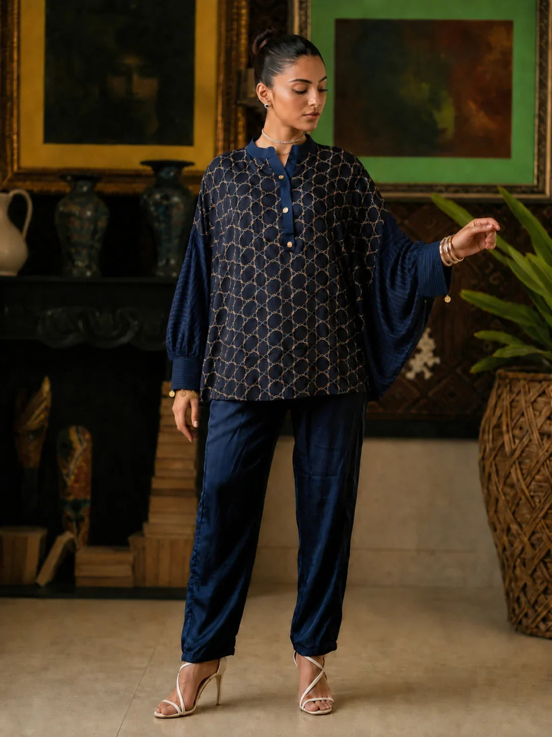 Navy Blue & Black Geometric Printed Anti-Fit Eagle Style Co-ord Set in Crepe