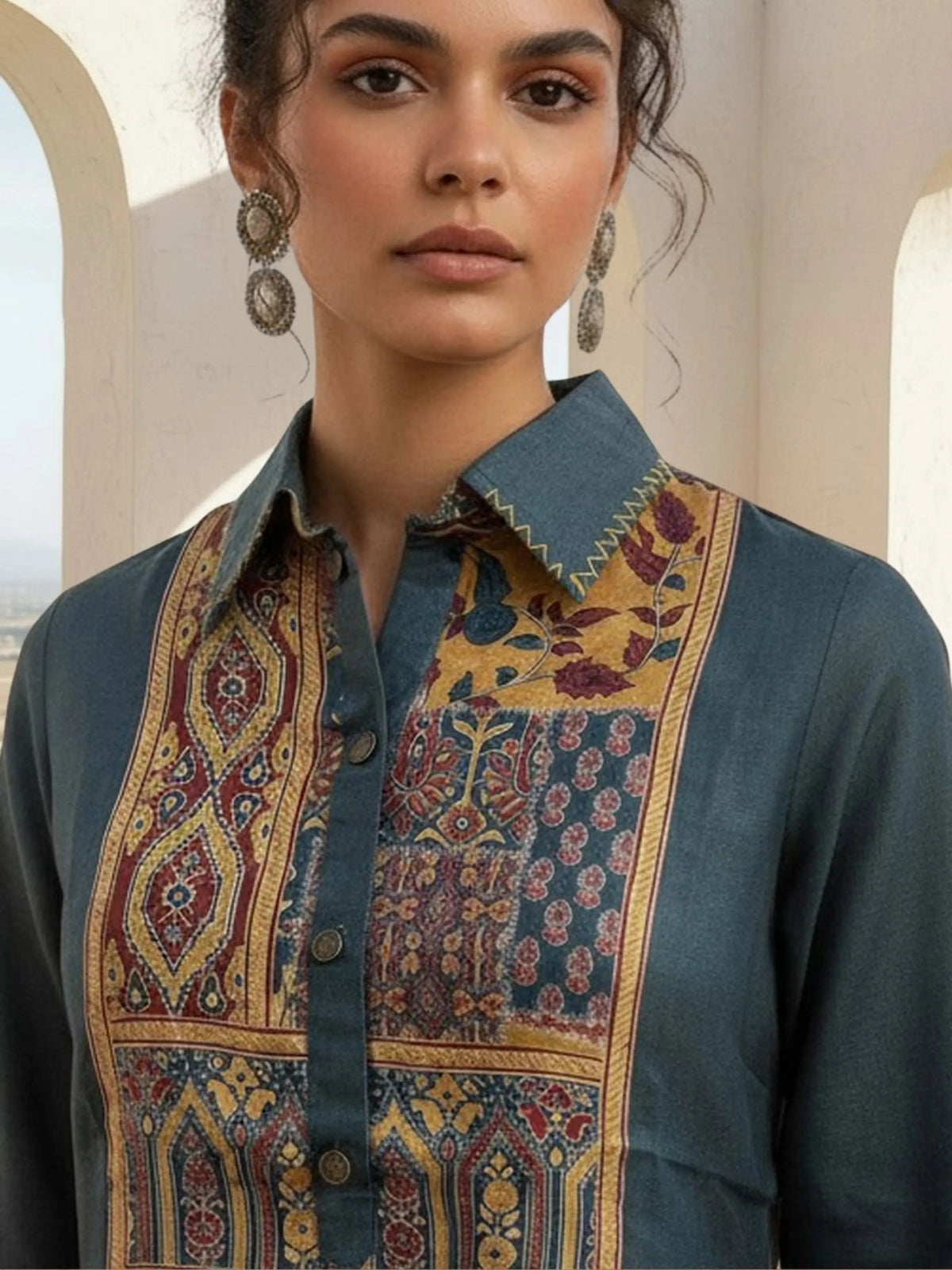Deep Slate Blue Ajrakh Panel Kurta Set in Muslin