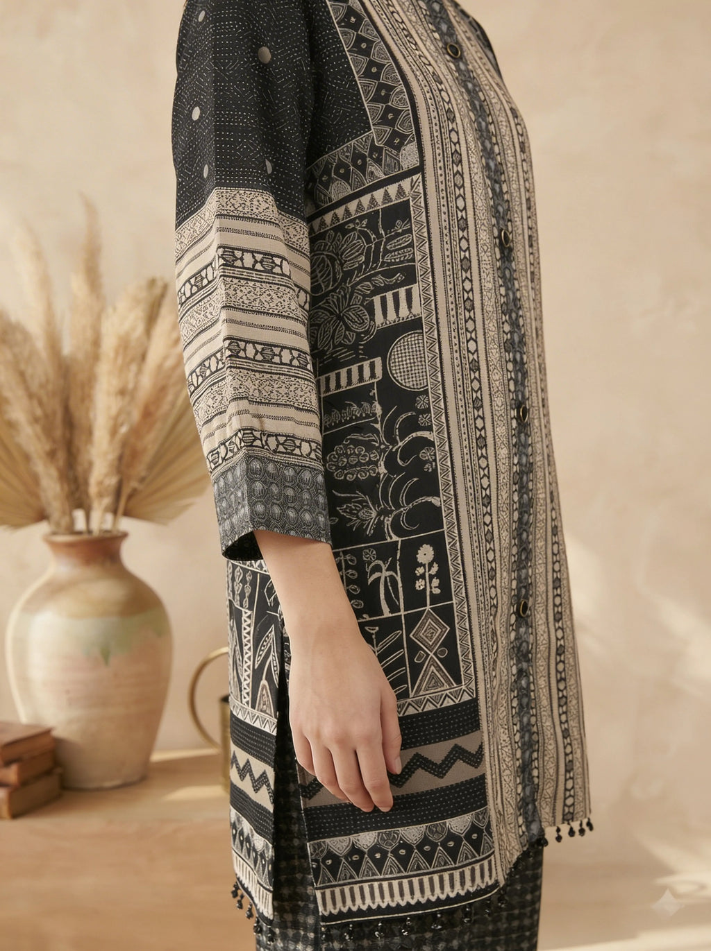 Black & Beige Folk Print Viscose Silk Co-Ord Set