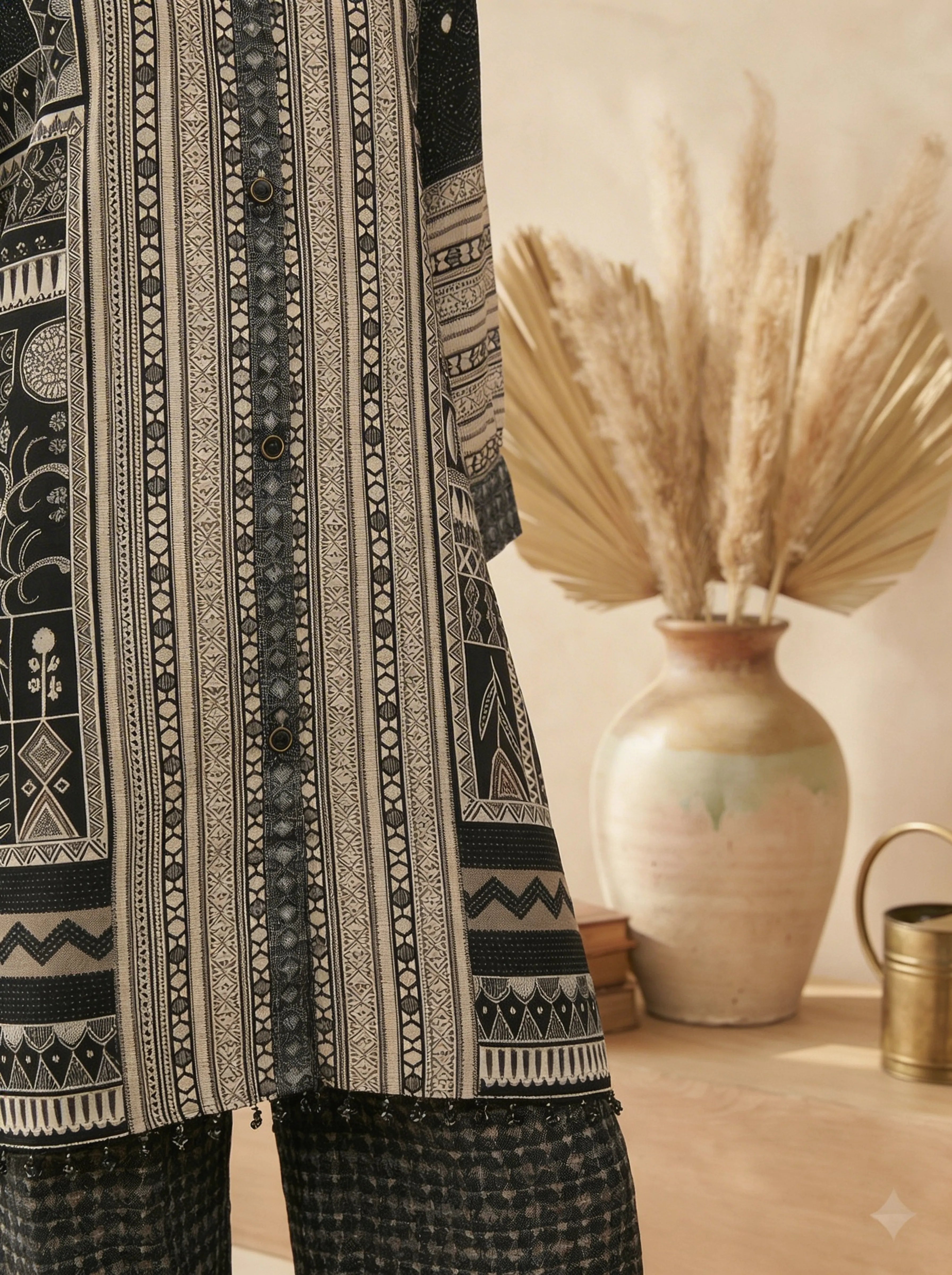 Black & Beige Folk Print Viscose Silk Co-Ord Set