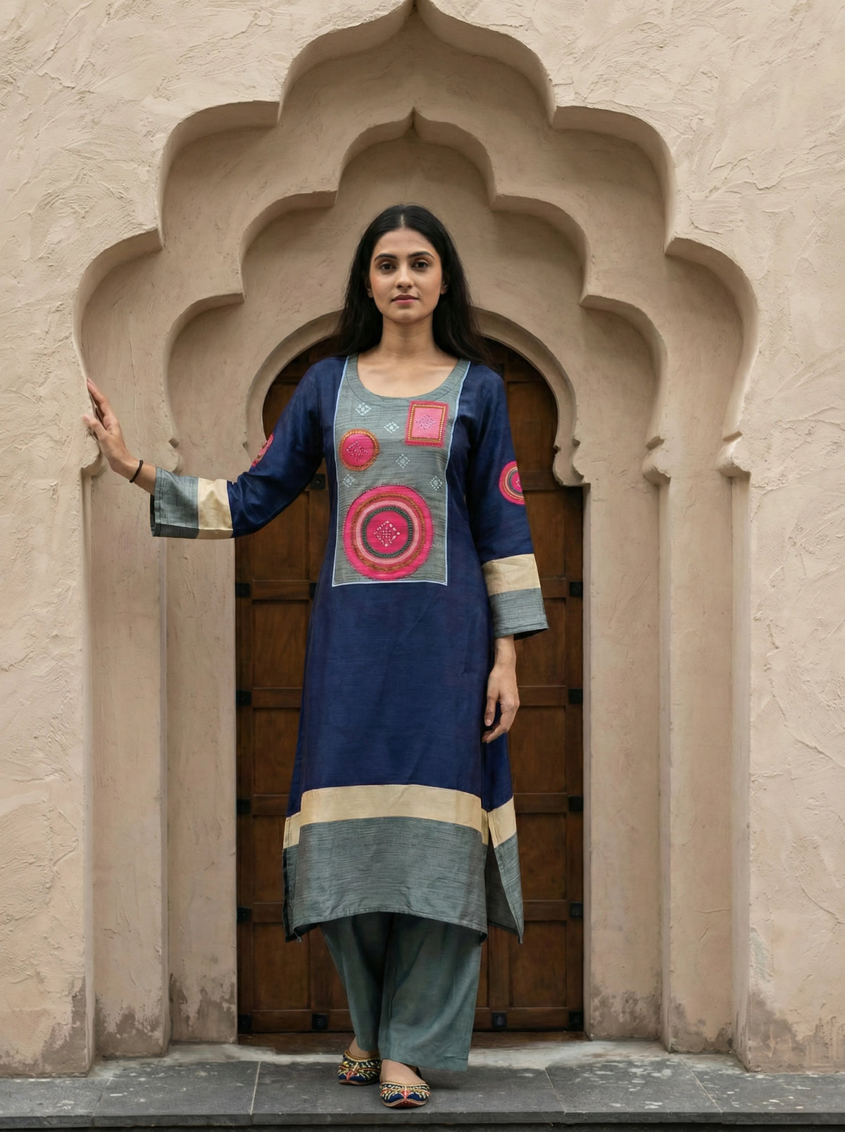 Dark Blue & Grey Color-Block Kurta Set in Russian Silk