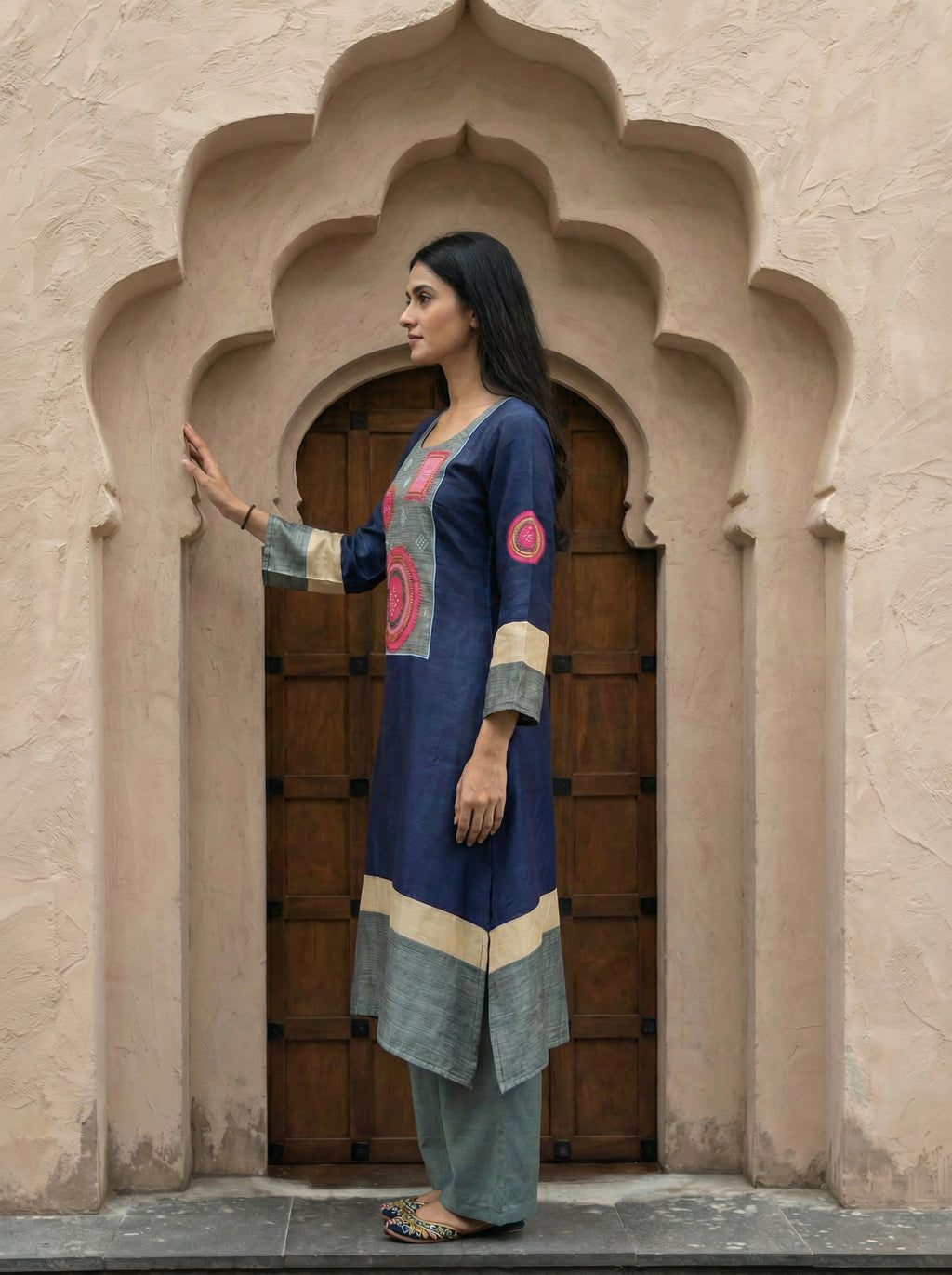 Dark Blue & Grey Color-Block Kurta Set in Russian Silk