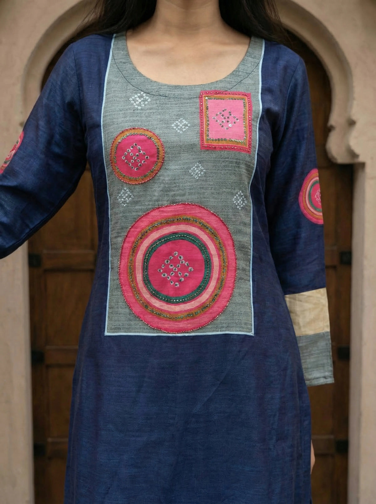 Dark Blue & Grey Color-Block Kurta Set in Russian Silk