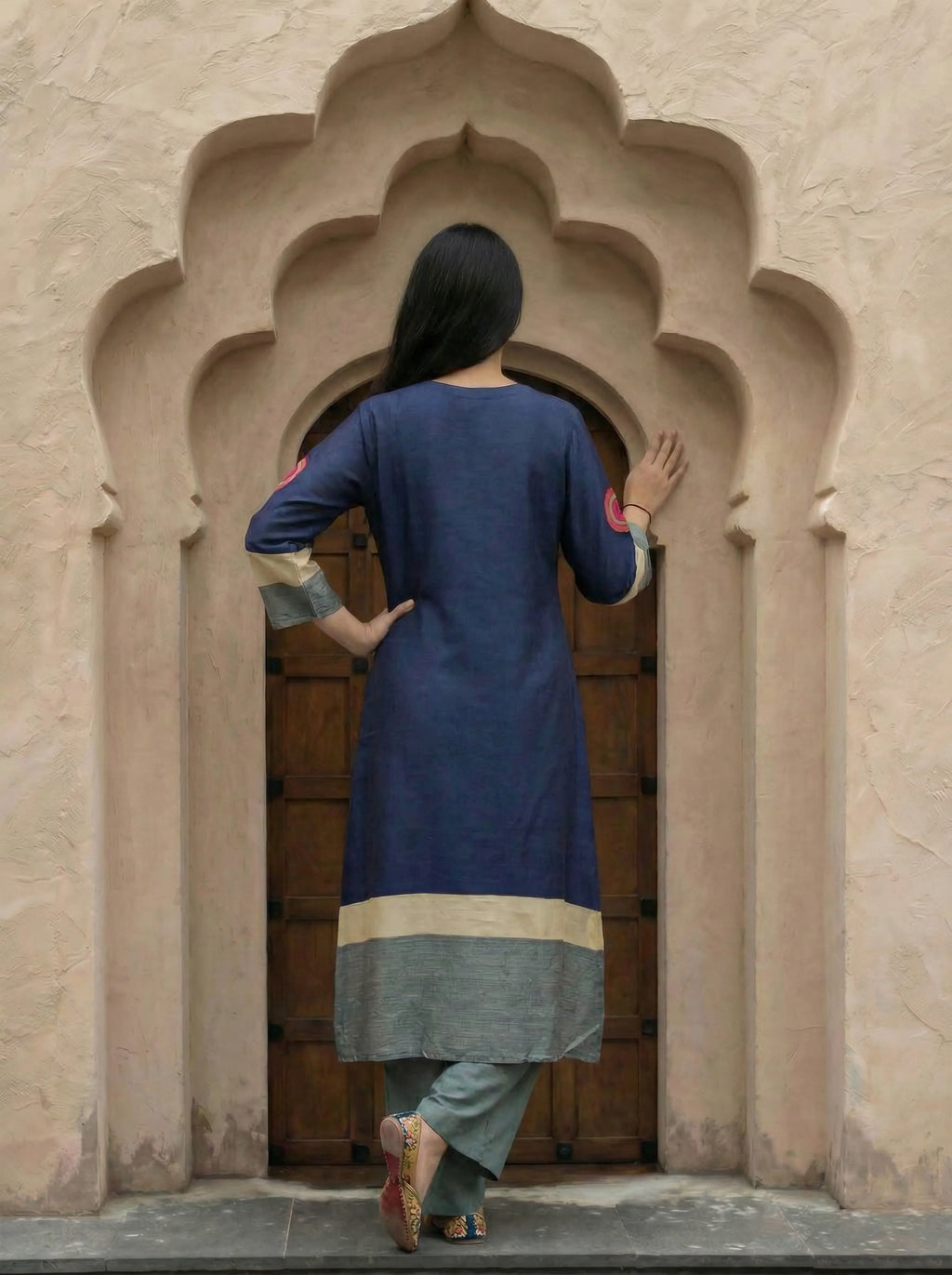 Dark Blue & Grey Color-Block Kurta Set in Russian Silk