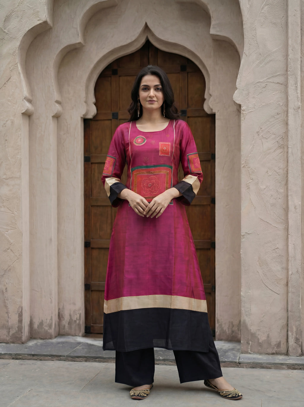 Hot Pink & Black Color-Blocked Kurta Palazzo Set in Russian Silk