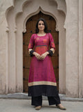 Hot Pink & Black Color-Blocked Kurta Palazzo Set in Russian Silk