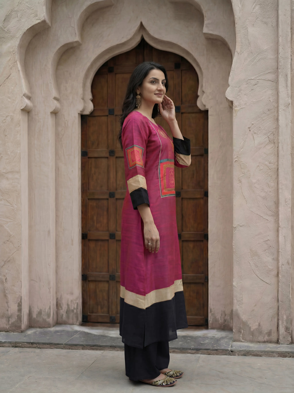 Hot Pink & Black Color-Blocked Kurta Palazzo Set in Russian Silk