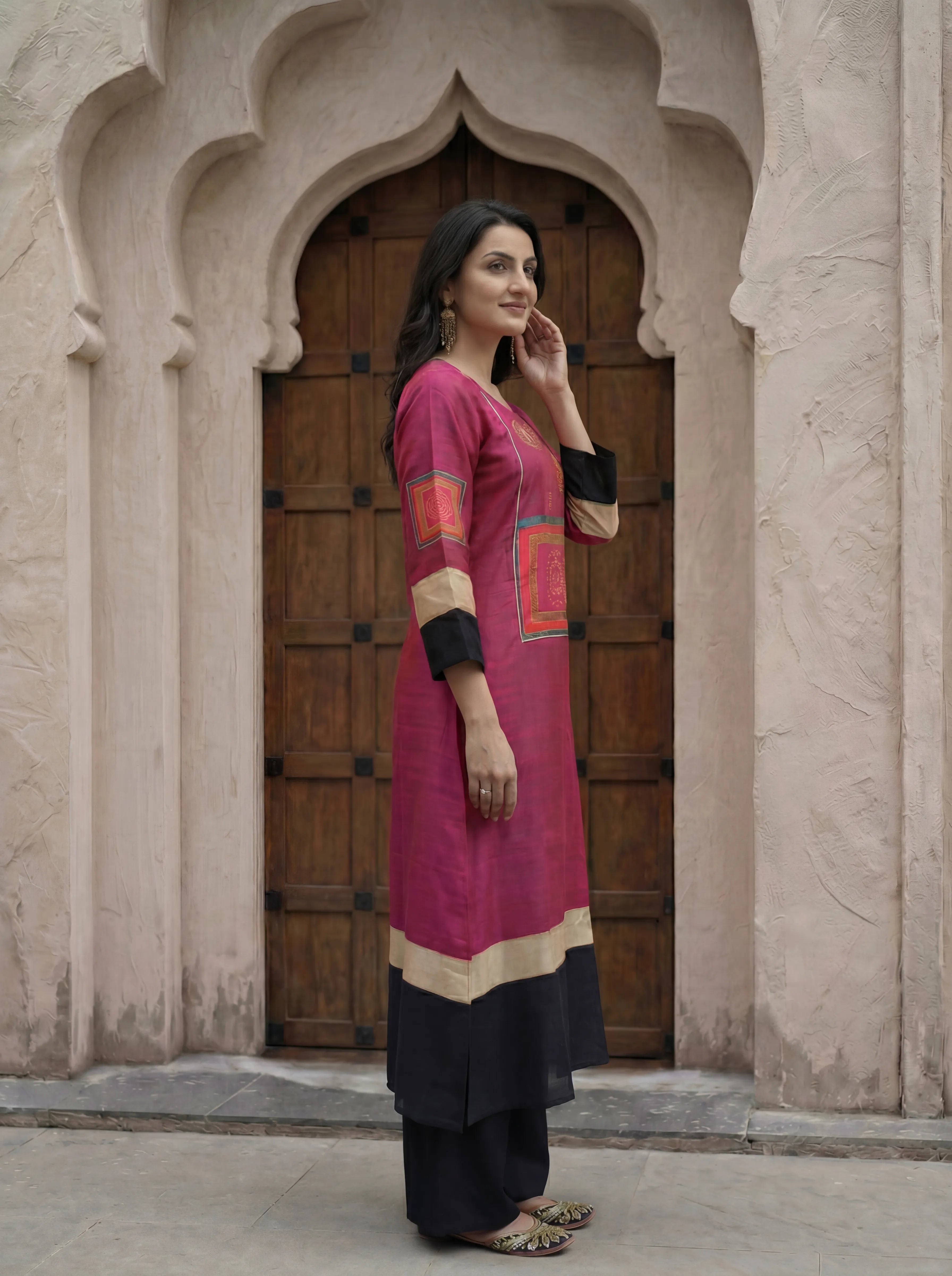 Hot Pink & Black Color-Blocked Kurta Palazzo Set in Russian Silk