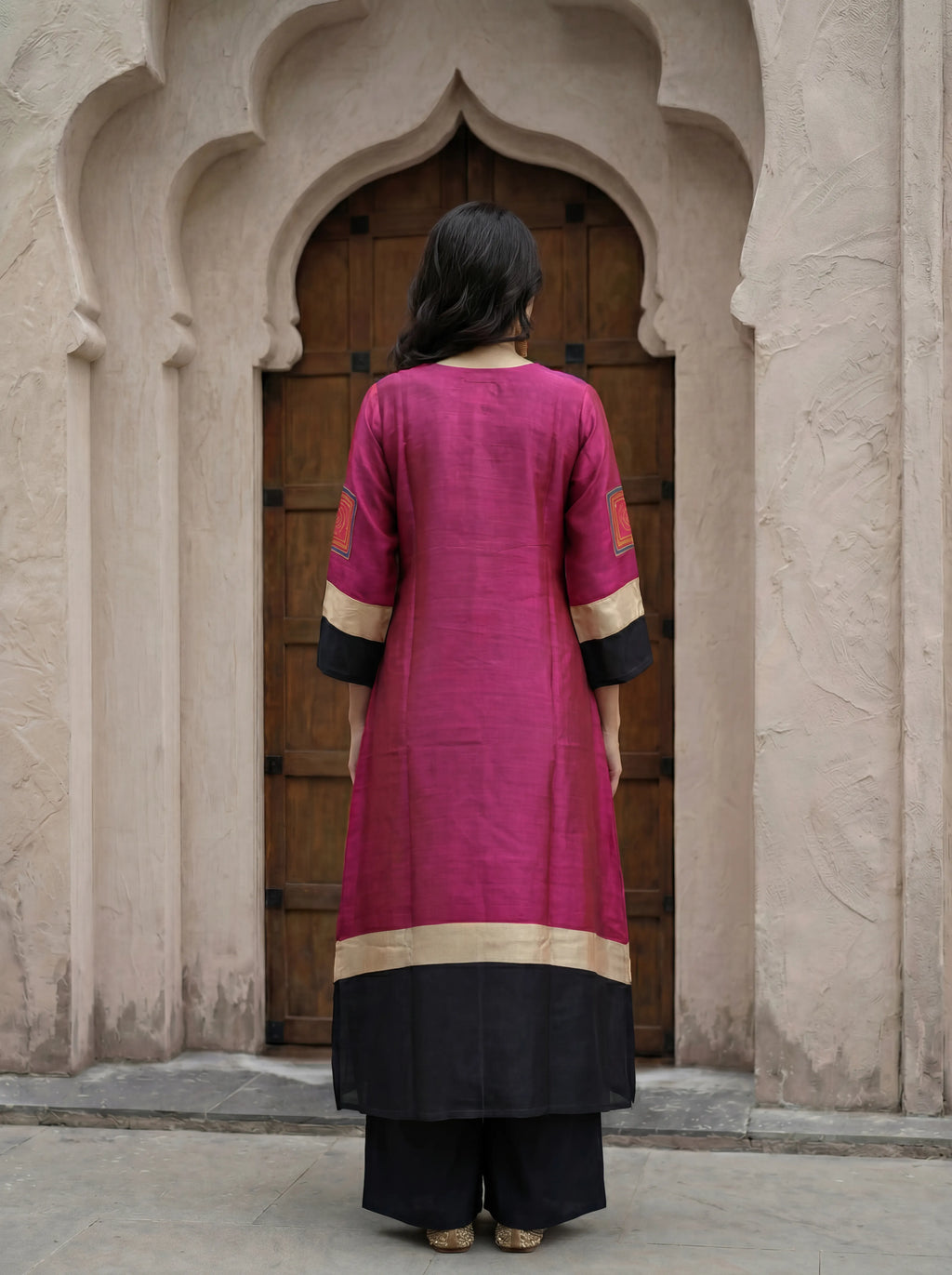 Hot Pink & Black Color-Blocked Kurta Palazzo Set in Russian Silk