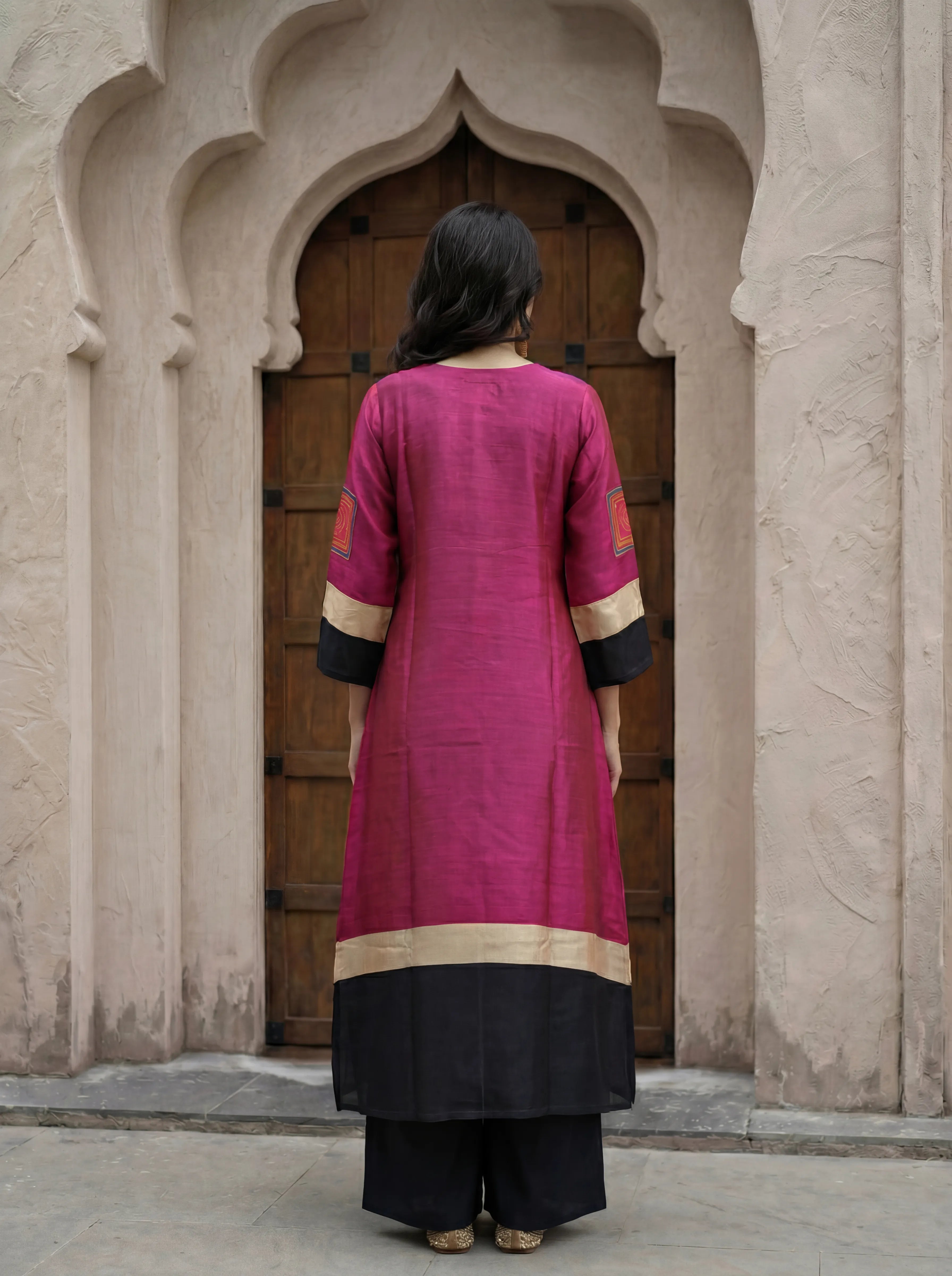 Hot Pink & Black Color-Blocked Kurta Palazzo Set in Russian Silk