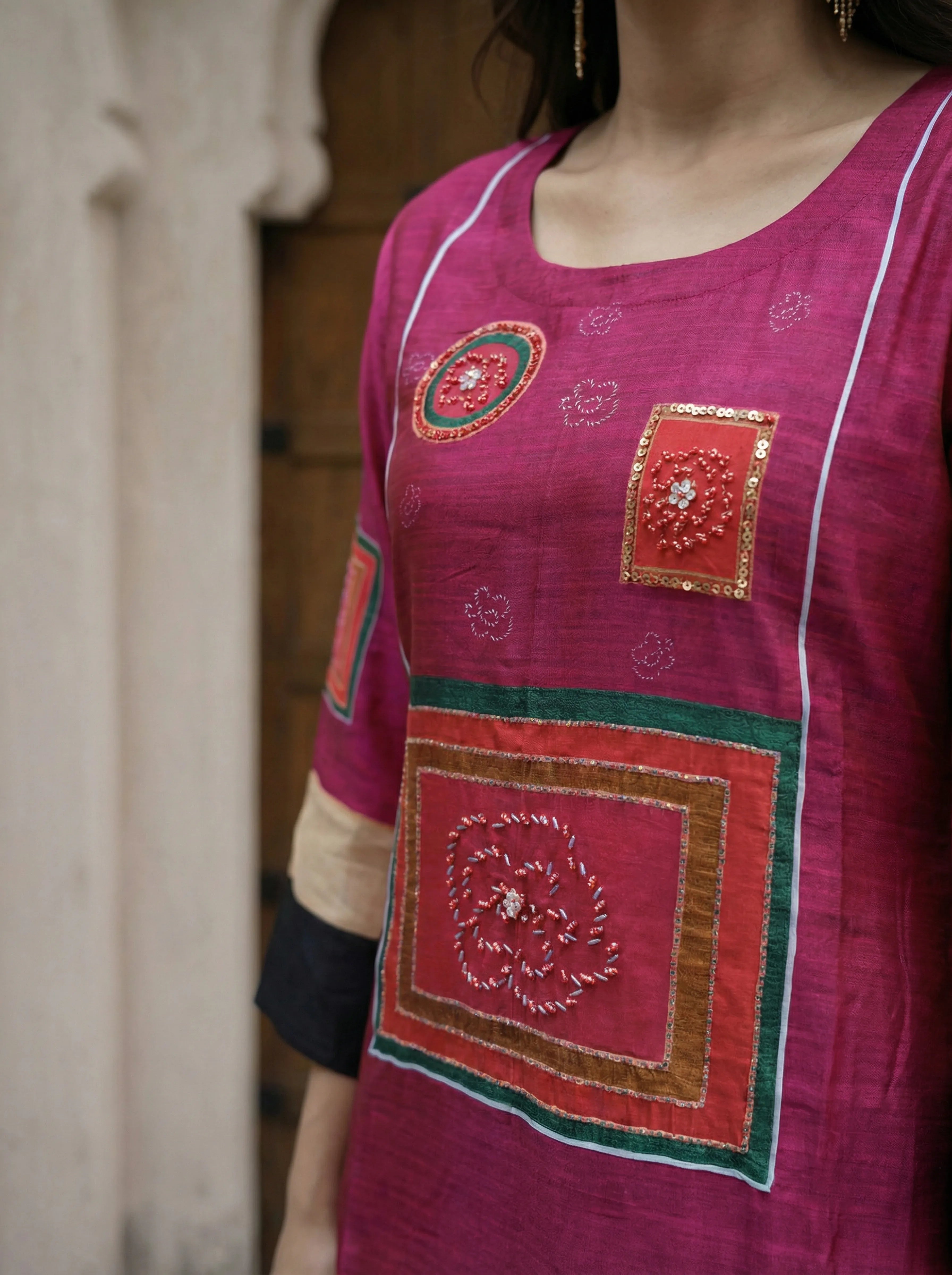 Hot Pink & Black Color-Blocked Kurta Palazzo Set in Russian Silk