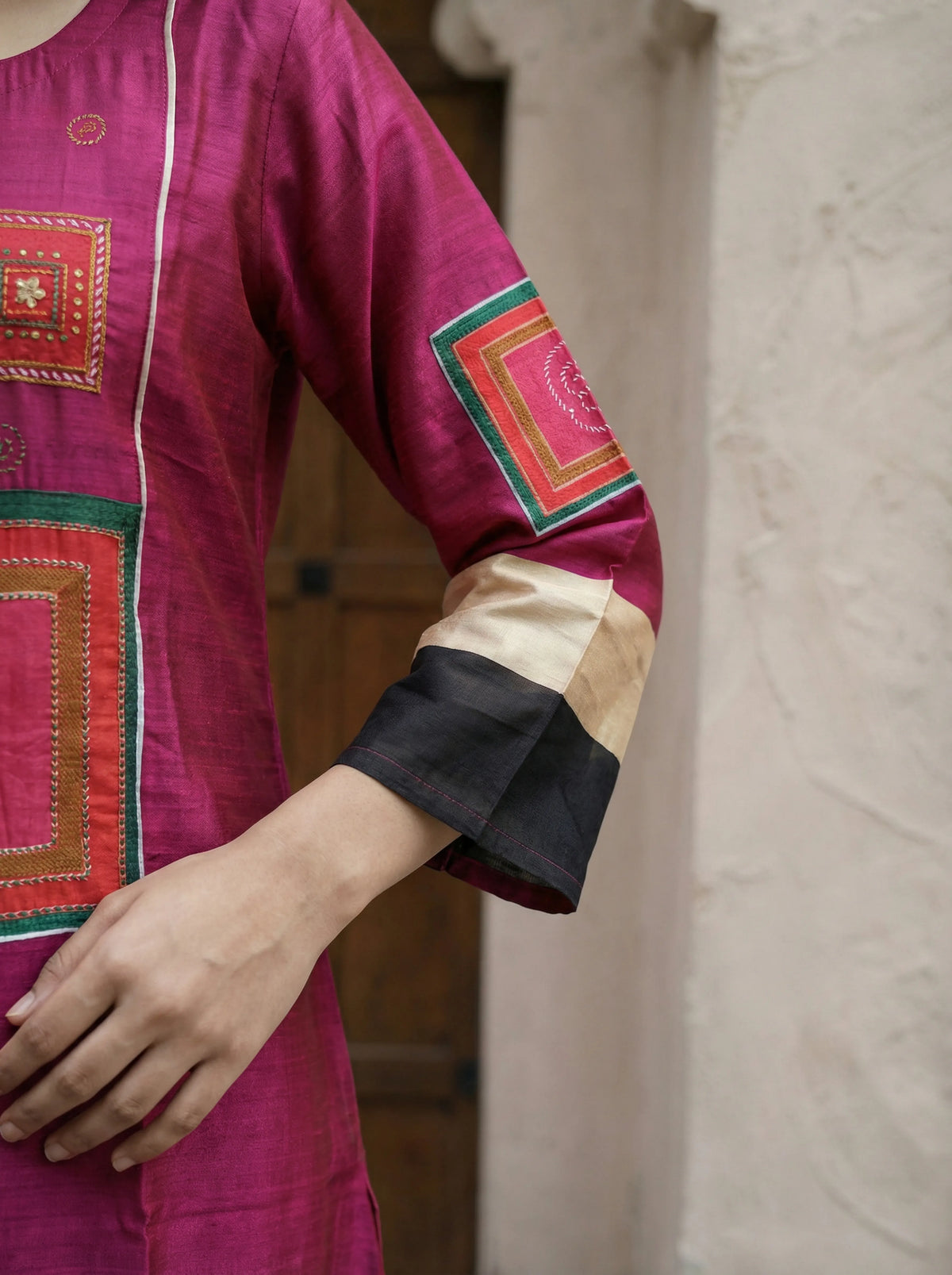 Hot Pink & Black Color-Blocked Kurta Palazzo Set in Russian Silk
