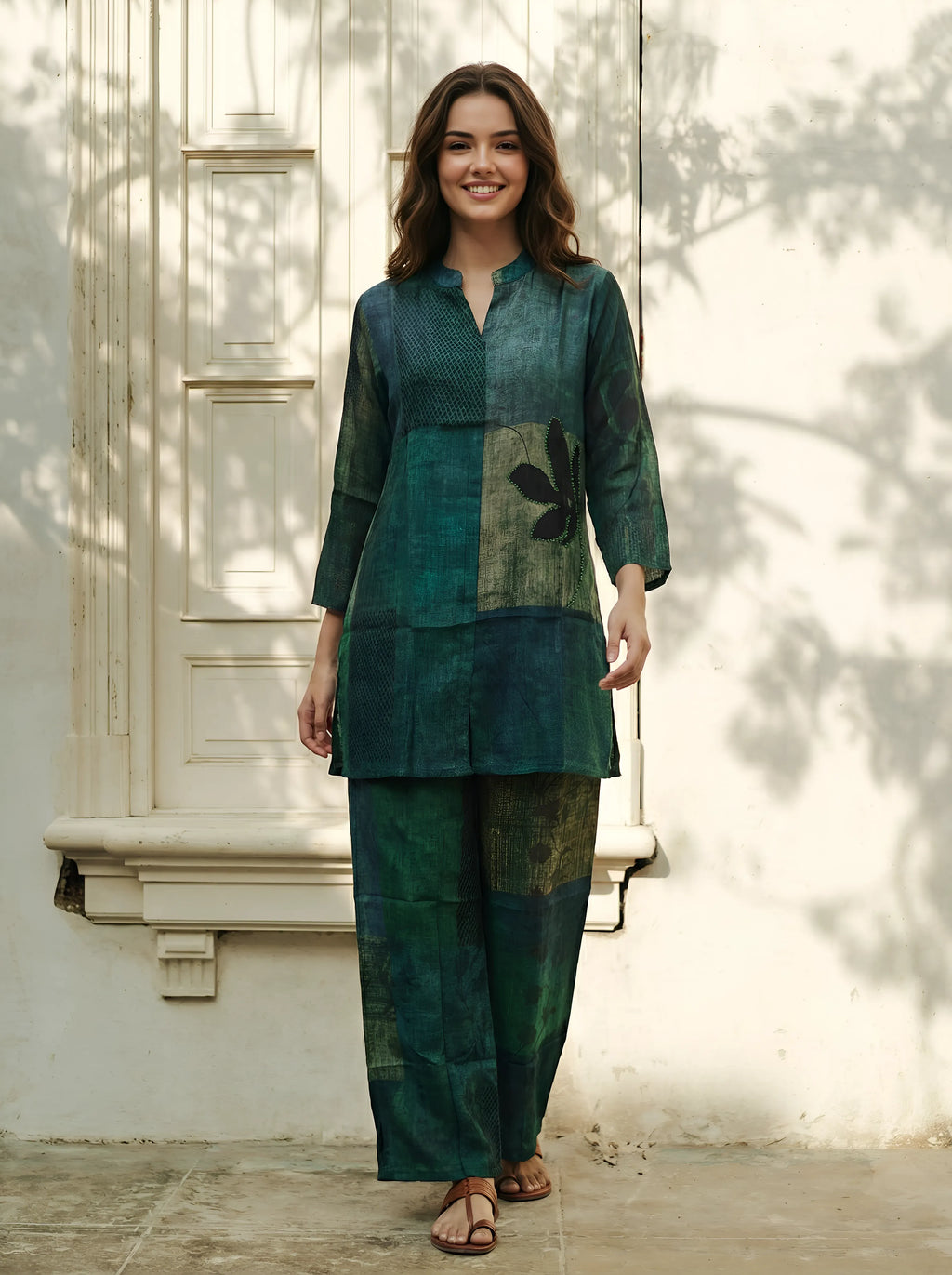 Dark Green Color-Block Embroidered Muslin Kurta Co-ord Set