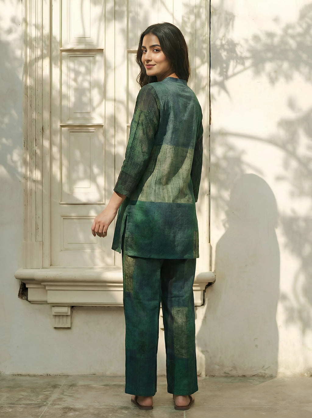 Dark Green Color-Block Embroidered Muslin Kurta Co-ord Set