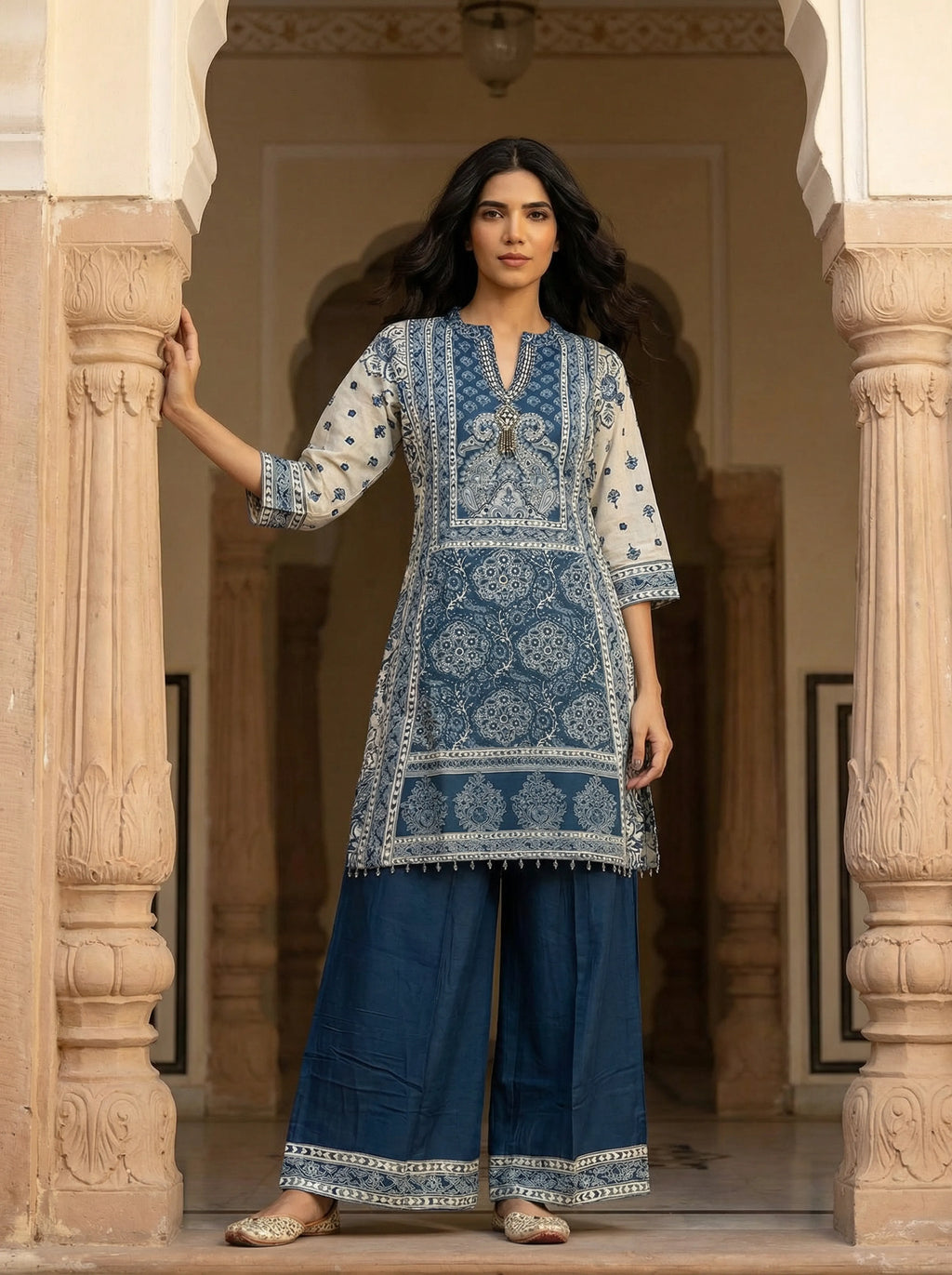 Indigo & Light Grey Paisley Embroidered Viscose Kurta Set