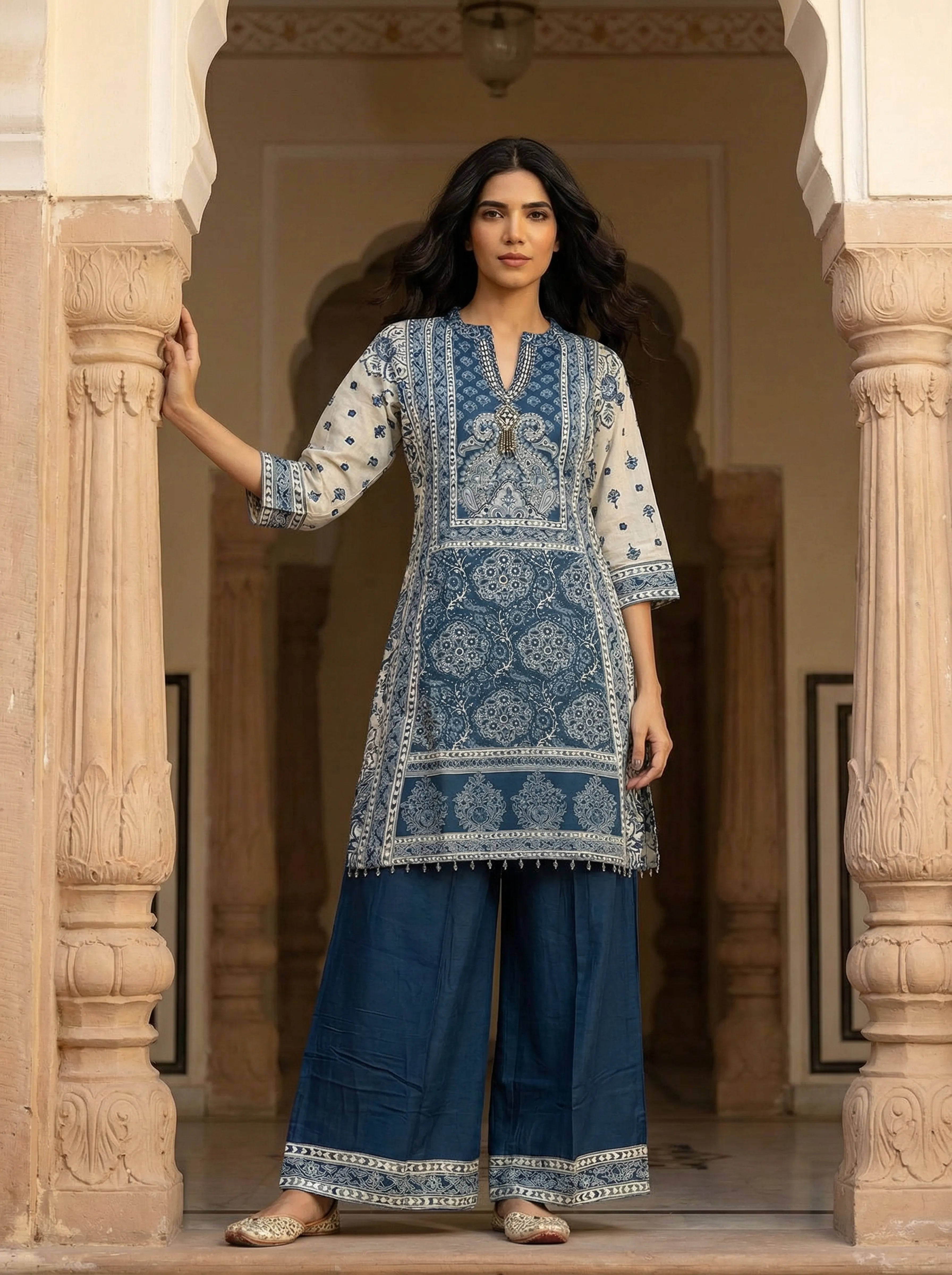 Indigo & Light Grey Paisley Embroidered Viscose Kurta Set