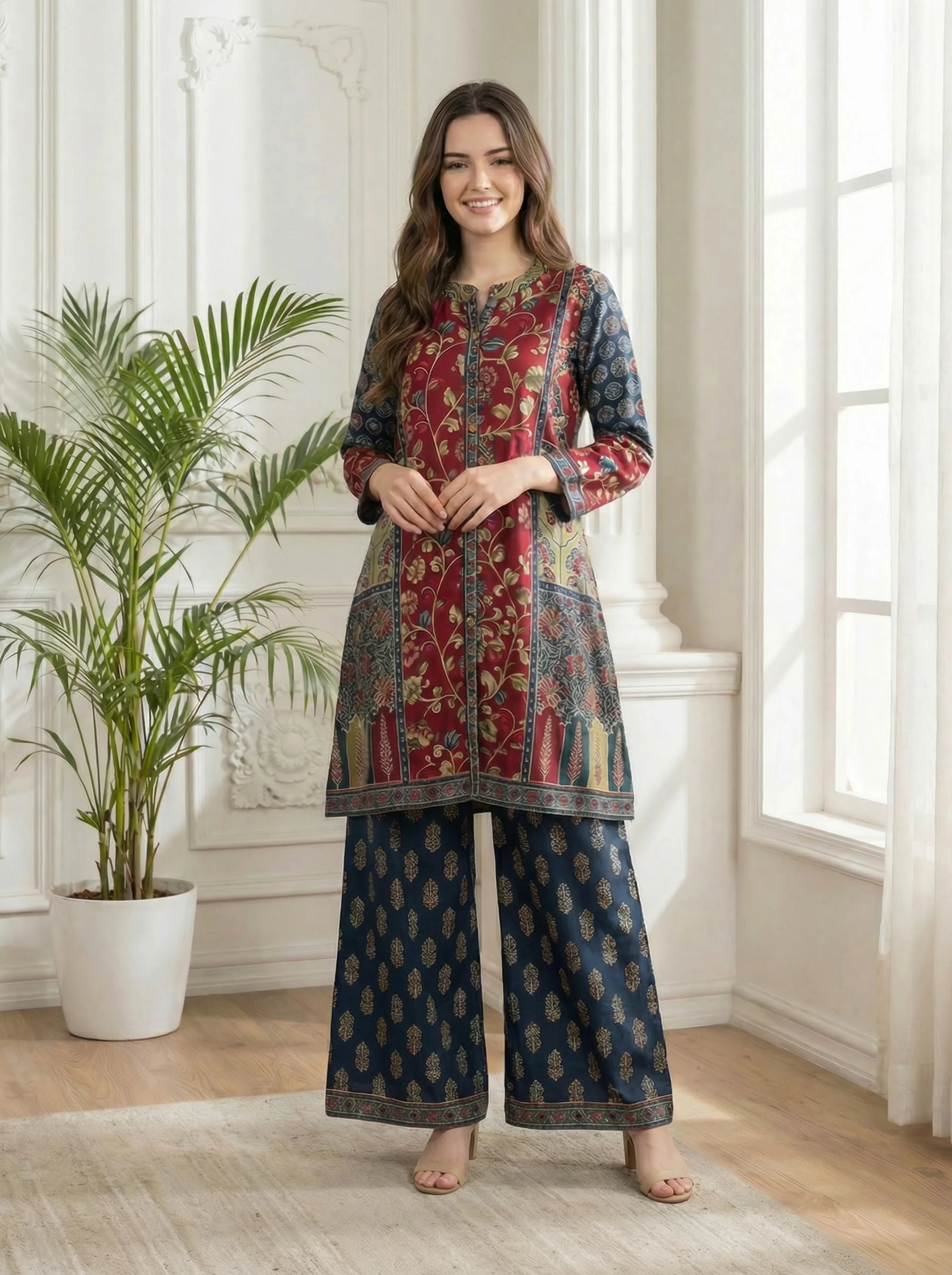 Multicolor Ajrakh Panel Kurta Set in Viscose Silk