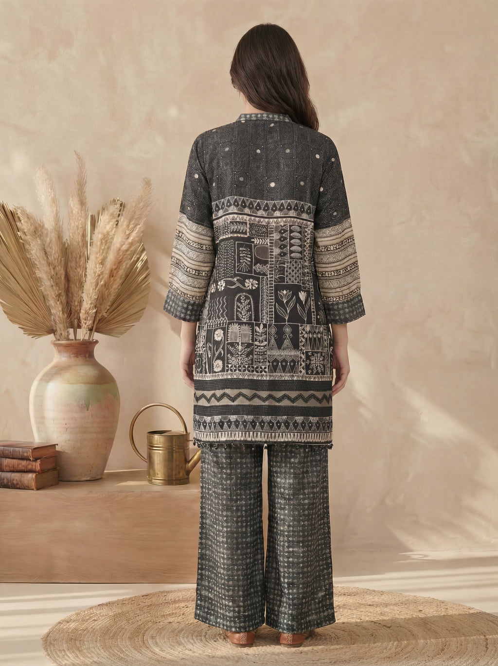 Black & Beige Folk Print Viscose Silk Co-Ord Set