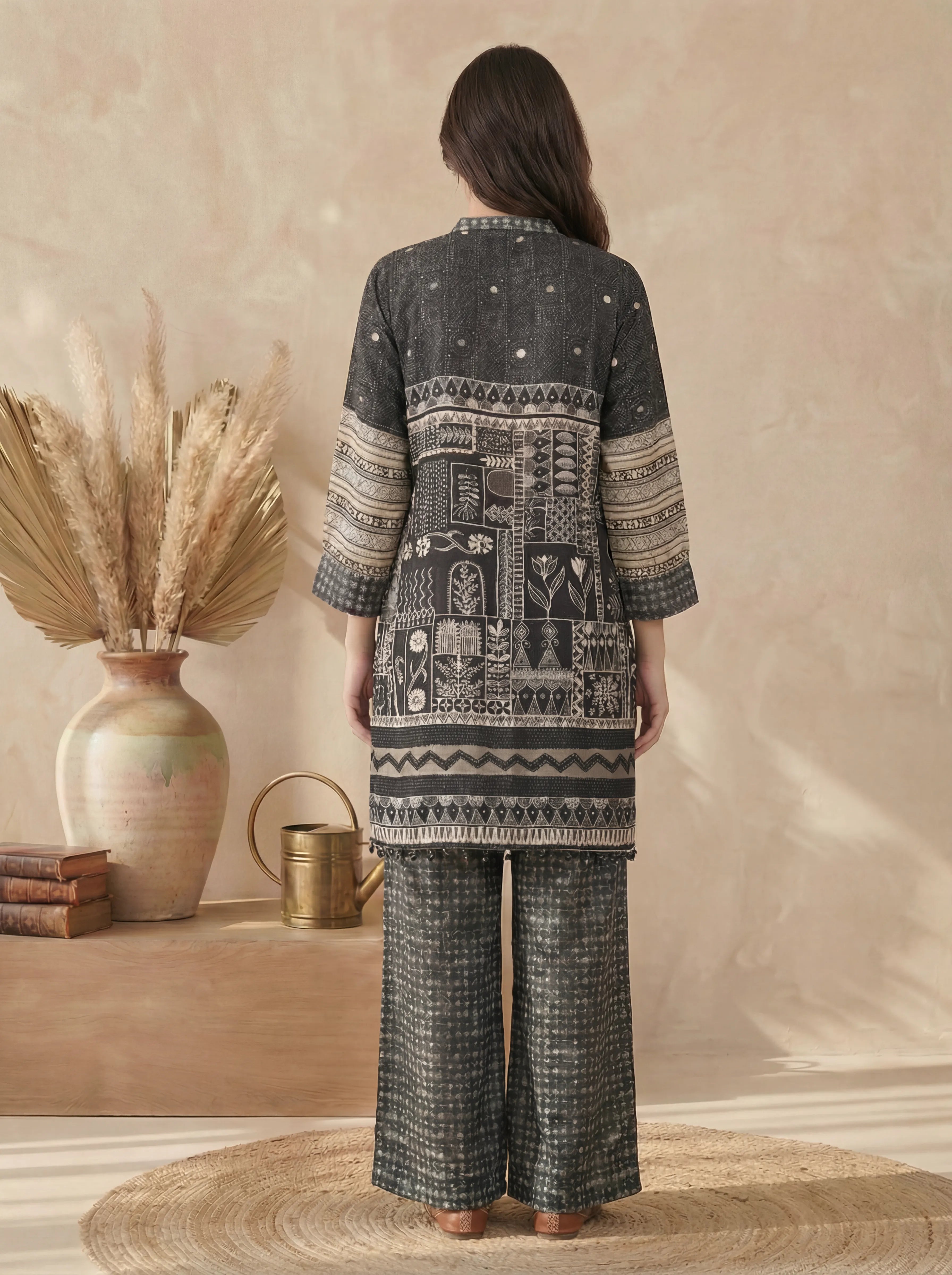 Black & Beige Folk Print Viscose Silk Co-Ord Set