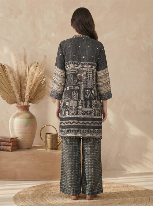 Black & Beige Folk Print Viscose Silk Co-Ord Set