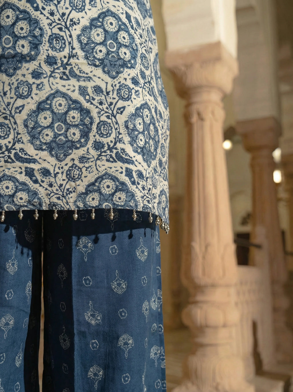 Indigo Motif Printed Bead Embroidery Viscose Kurta Set