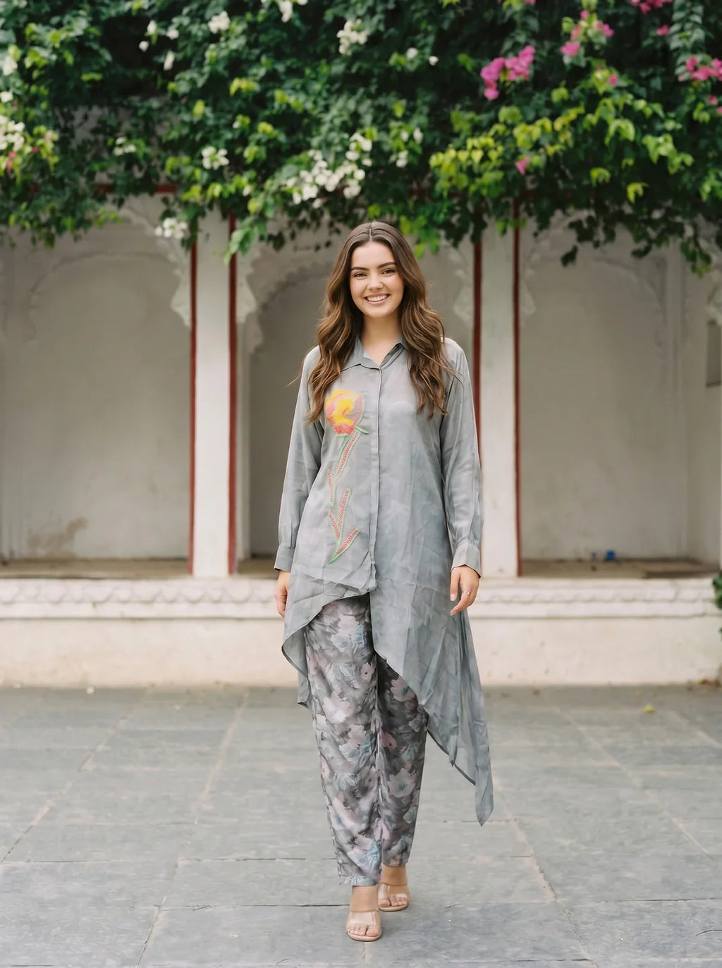Grey Embroidered Muslin Co-Ord Set