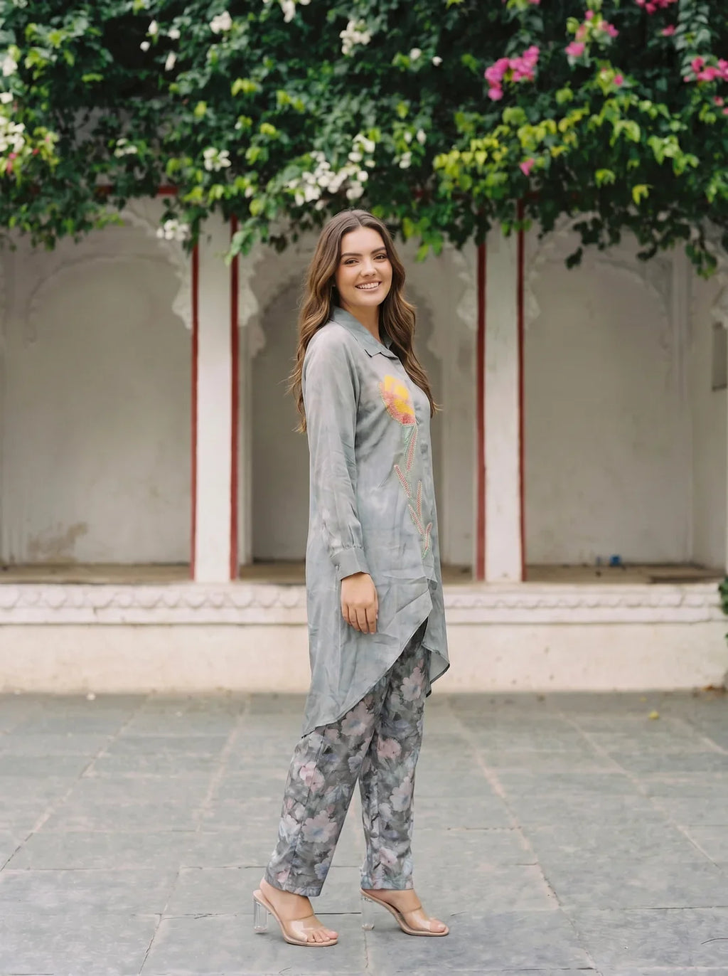 Grey Embroidered Muslin Co-Ord Set