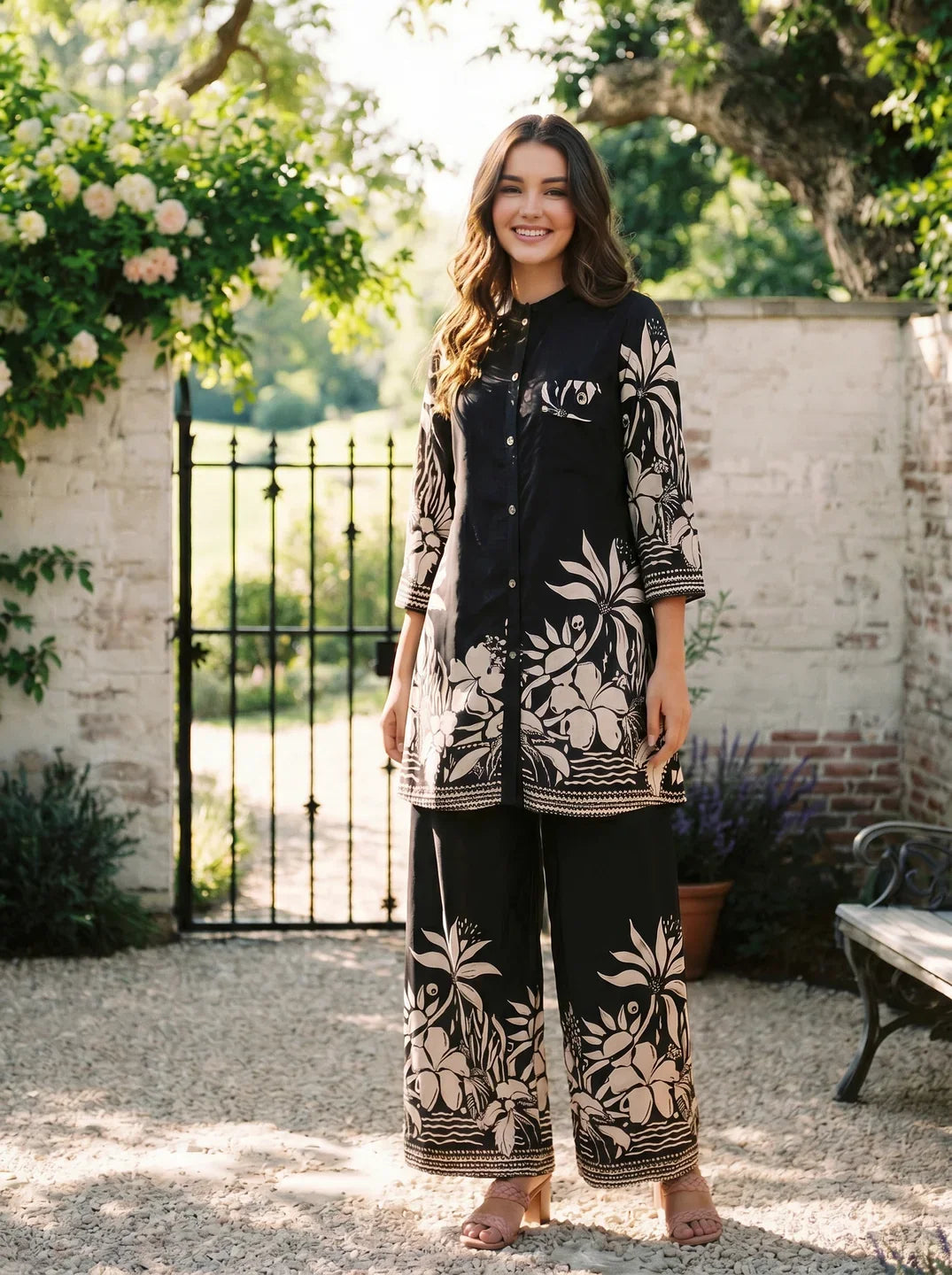 Black Floral Printed Russian Silk Co-Ord Set