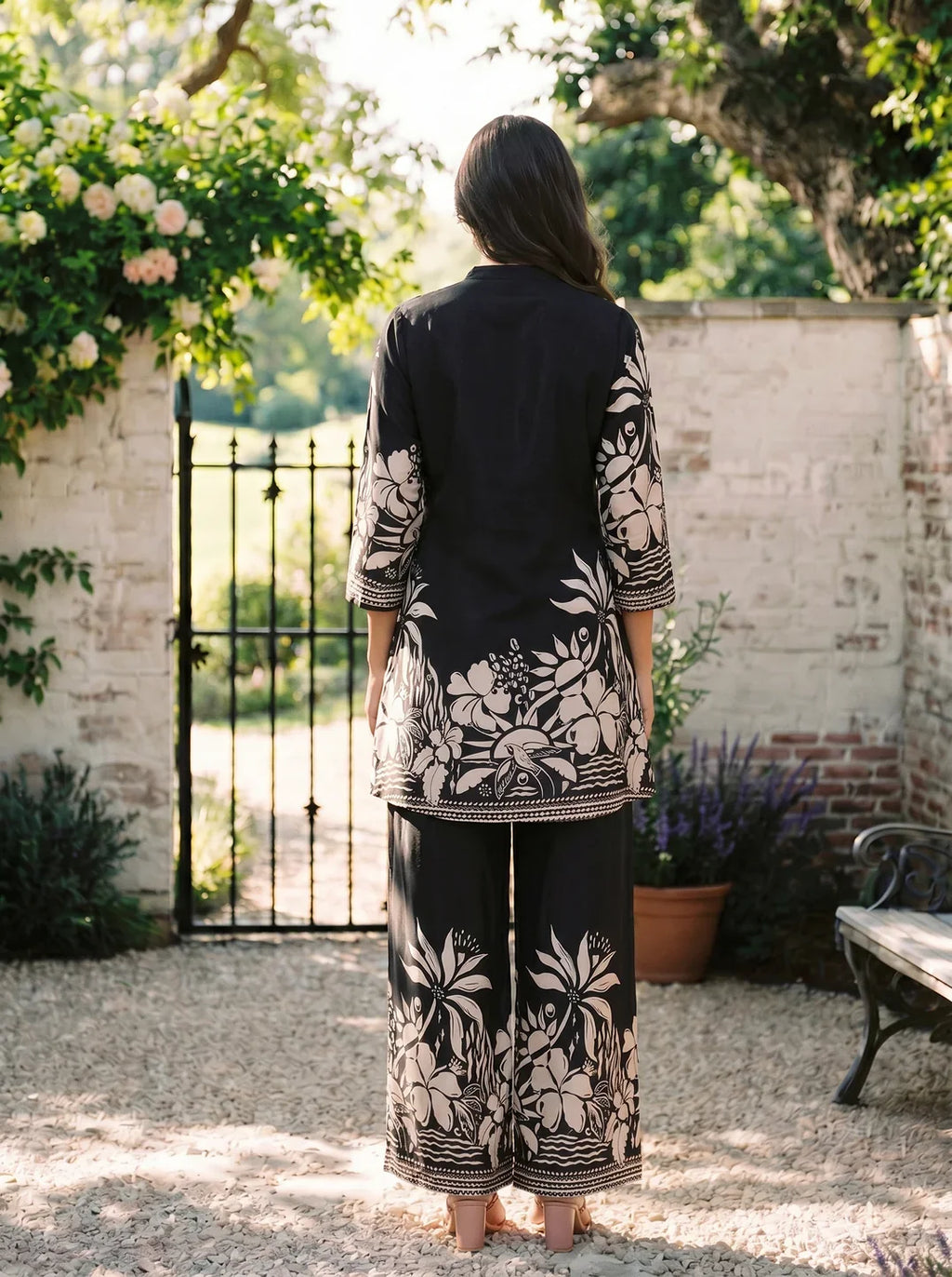 Black Floral Printed Russian Silk Co-Ord Set