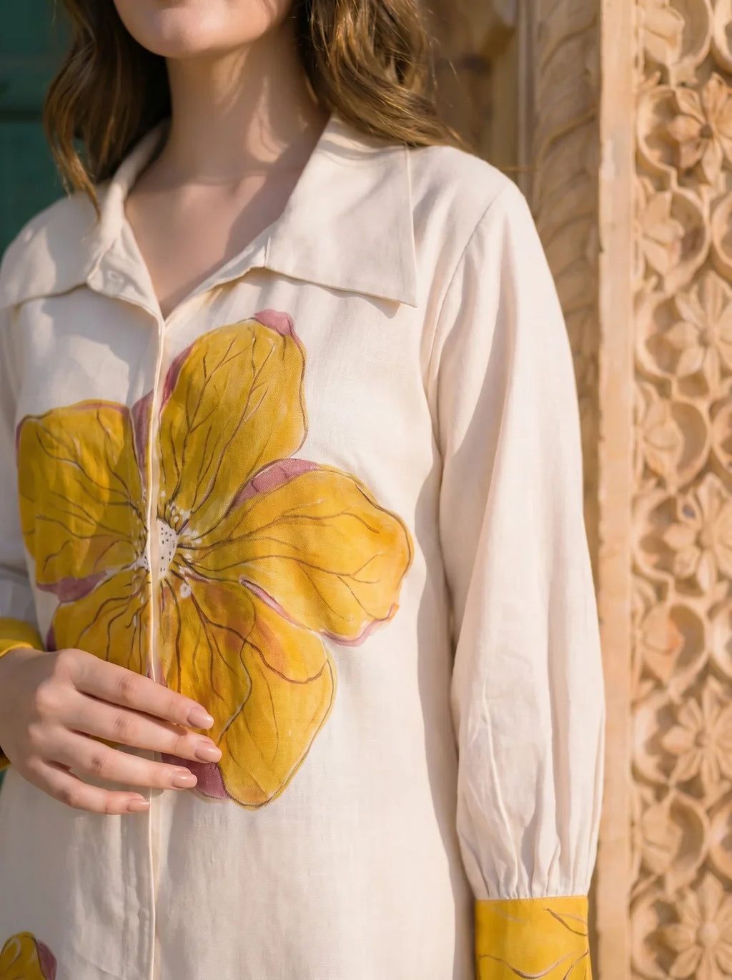 Off White Floral Printed & Embroidered Set