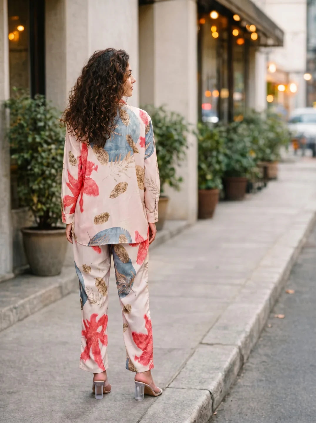 Sand & Coral Print Embellished Co-ord Set