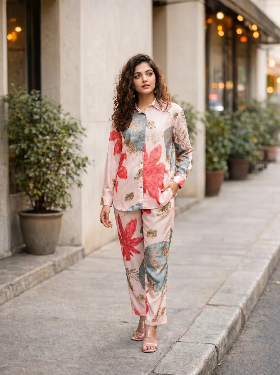 Sand & Coral Print Embellished Co-ord Set