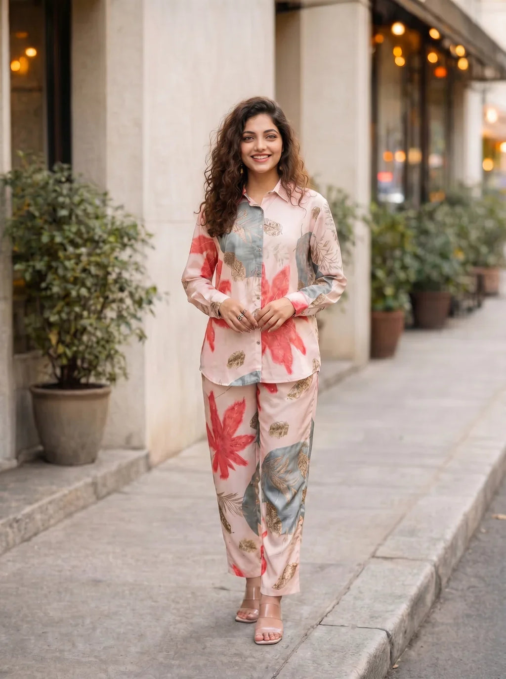 Sand & Coral Print Embellished Co-ord Set