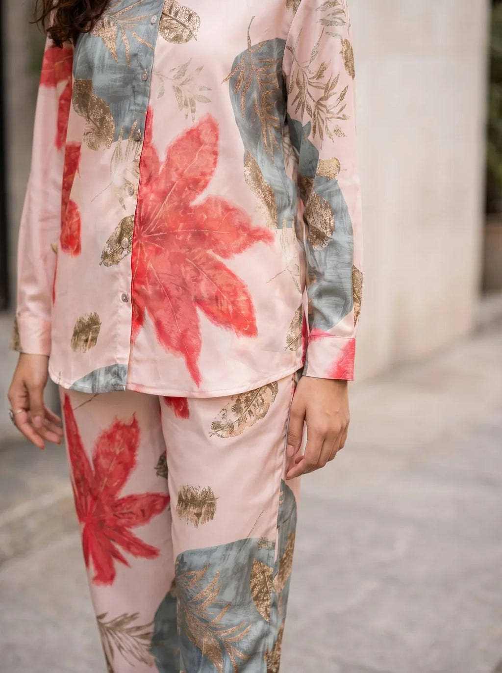 Sand & Coral Print Embellished Co-ord Set