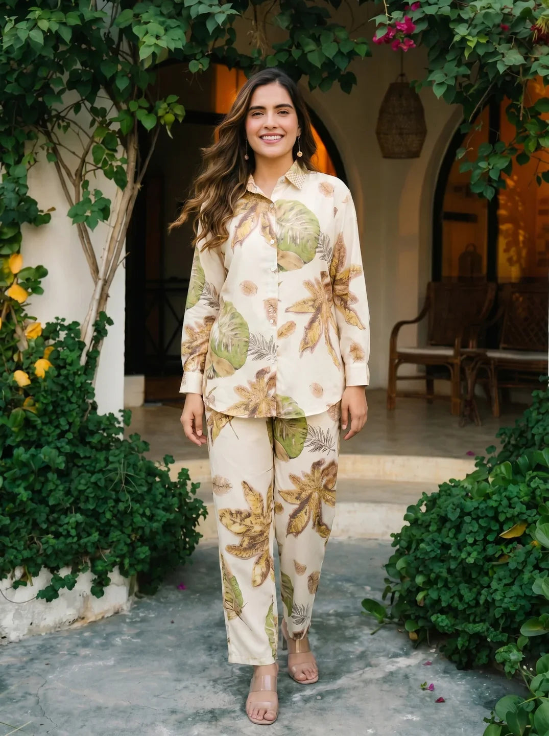 Beige Jungle Print Embellished Co-ord Set