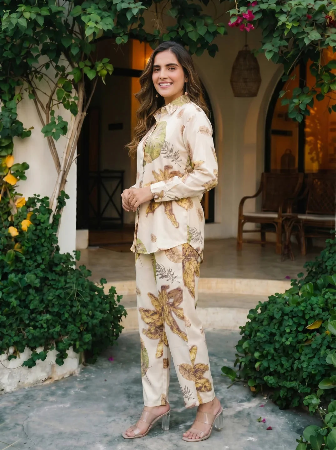 Beige Jungle Print Embellished Co-ord Set